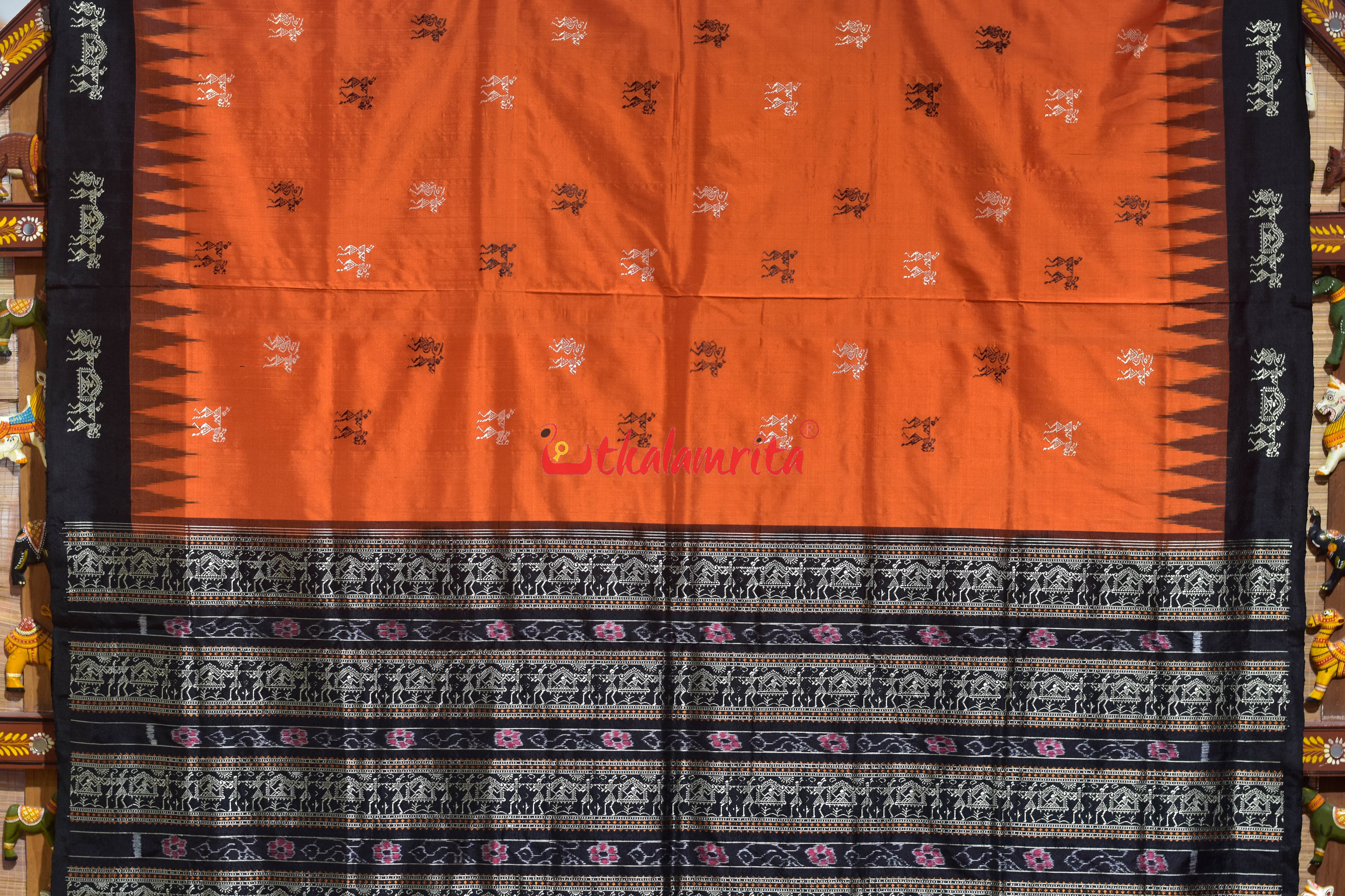 Orange Black Sabari Bomkai Silk Saree