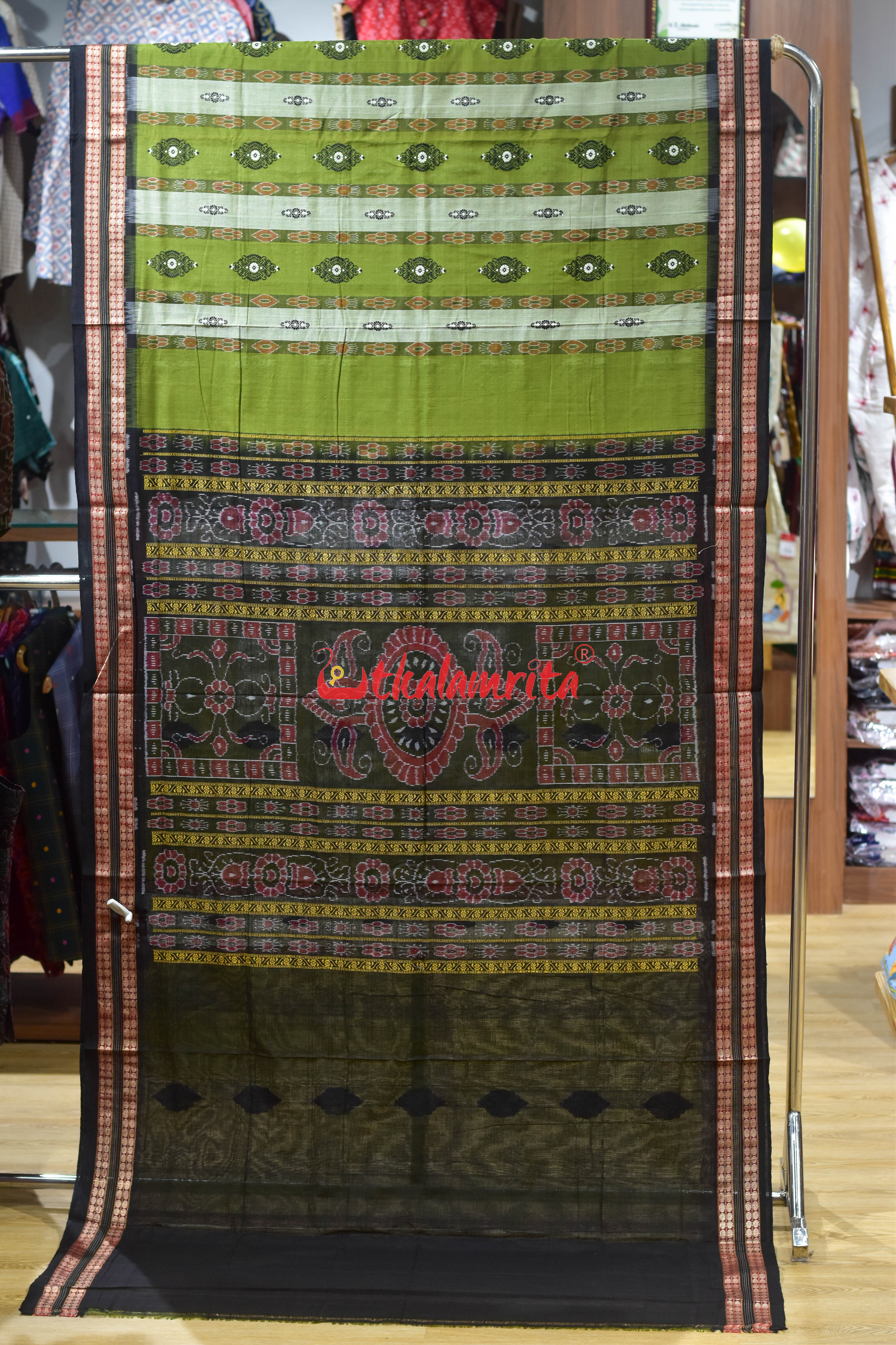 Mehndi Green Pere Bandha Bomkai Cotton Saree