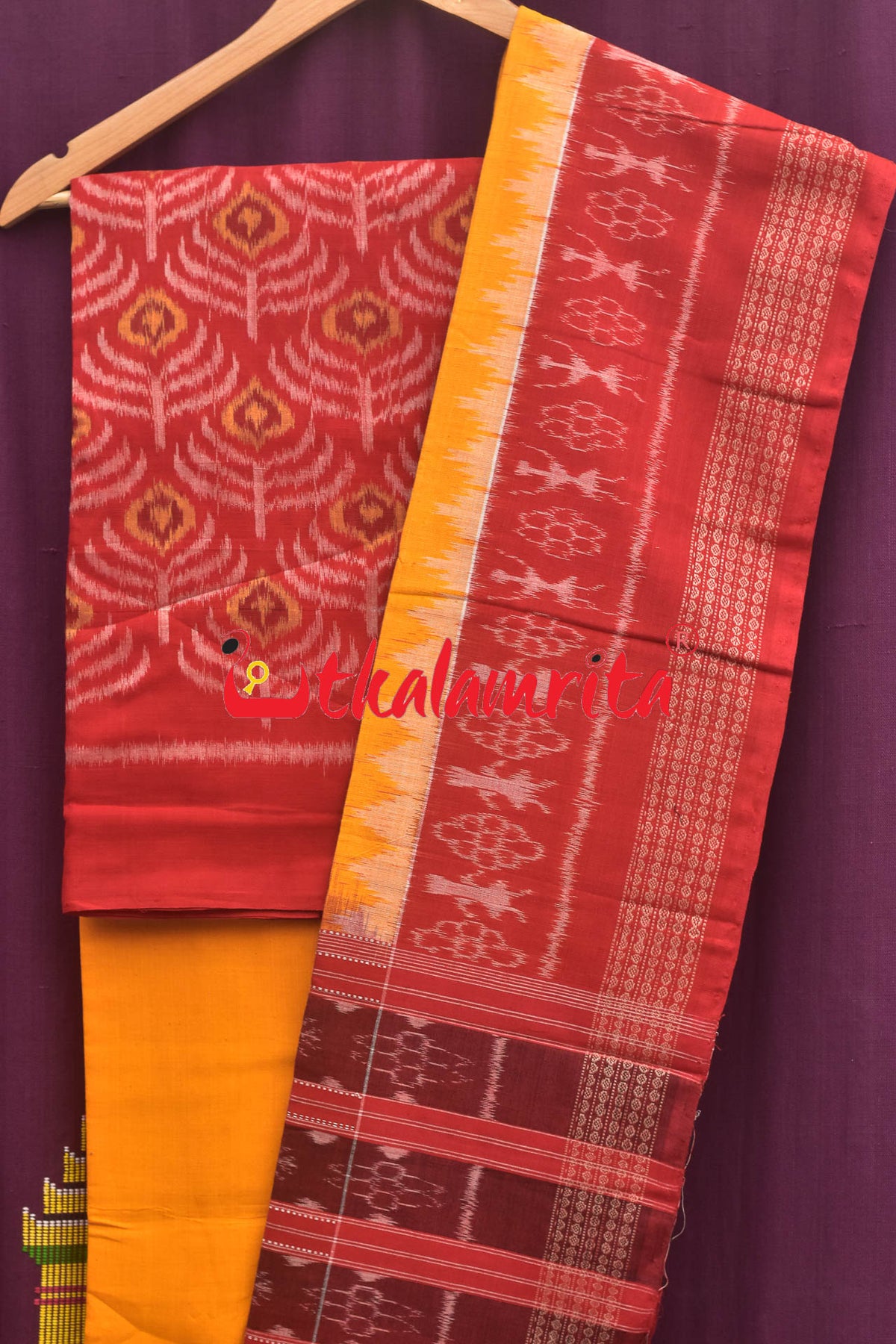 Red Yellow Mayurapucha Sambalpuri Dress Set