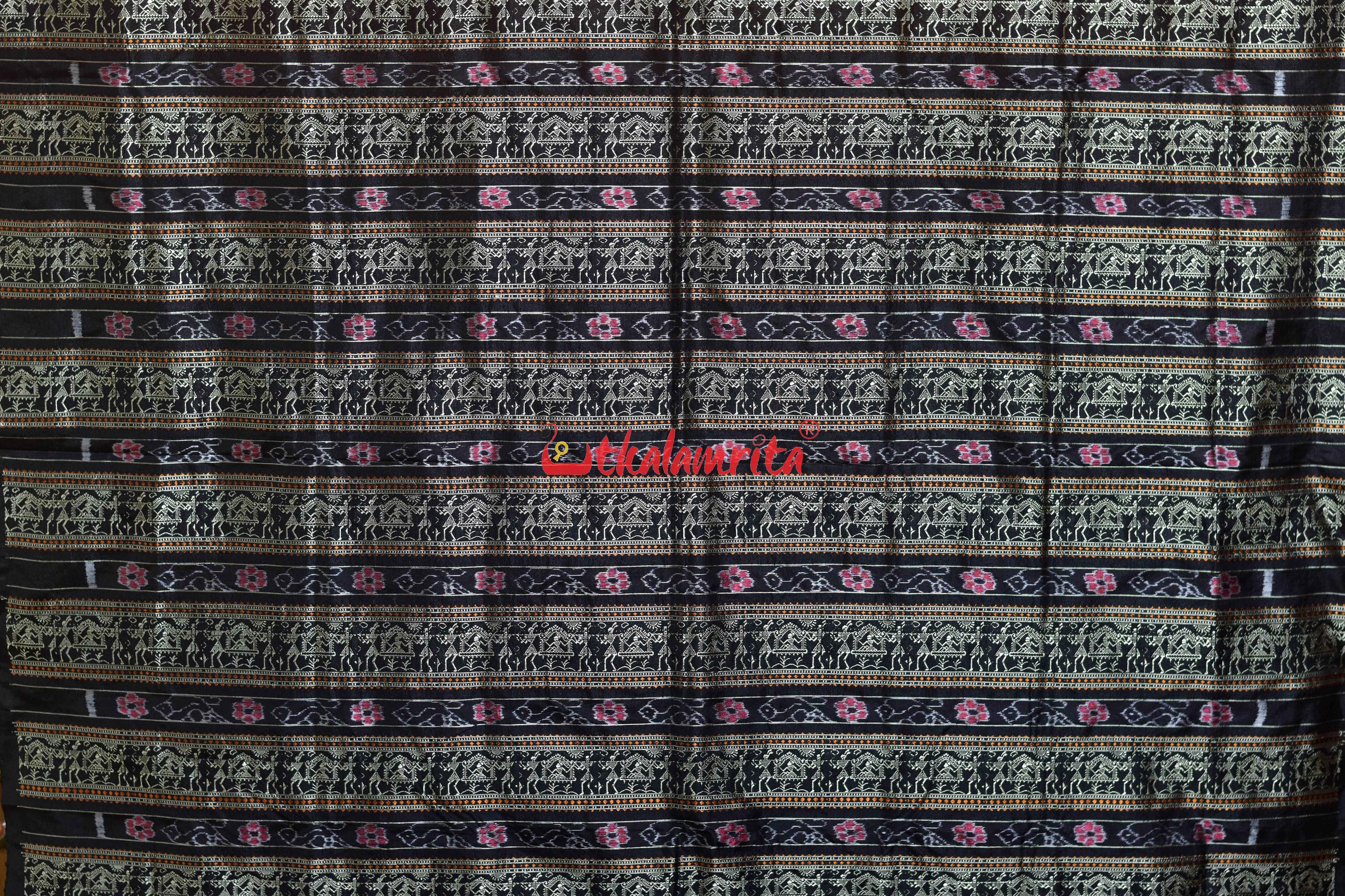 Orange Black Sabari Bomkai Silk Saree