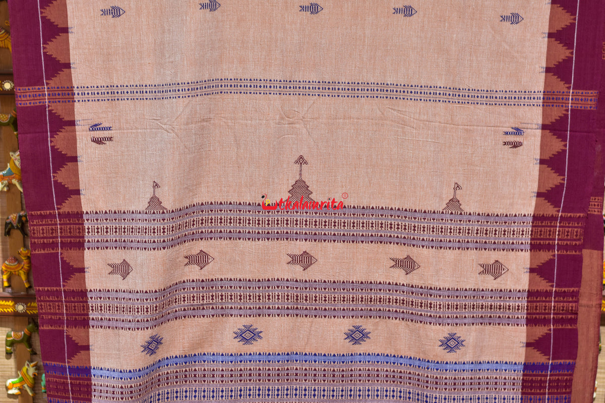 Cream Maroon Temple Design Kotpad Cotton Saree