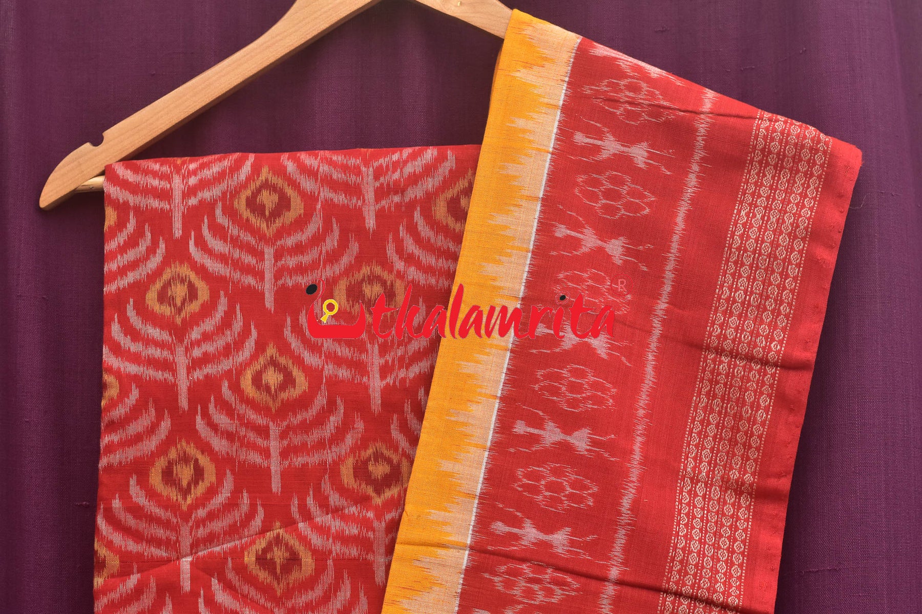 Red Yellow Mayurapucha Sambalpuri Dress Set