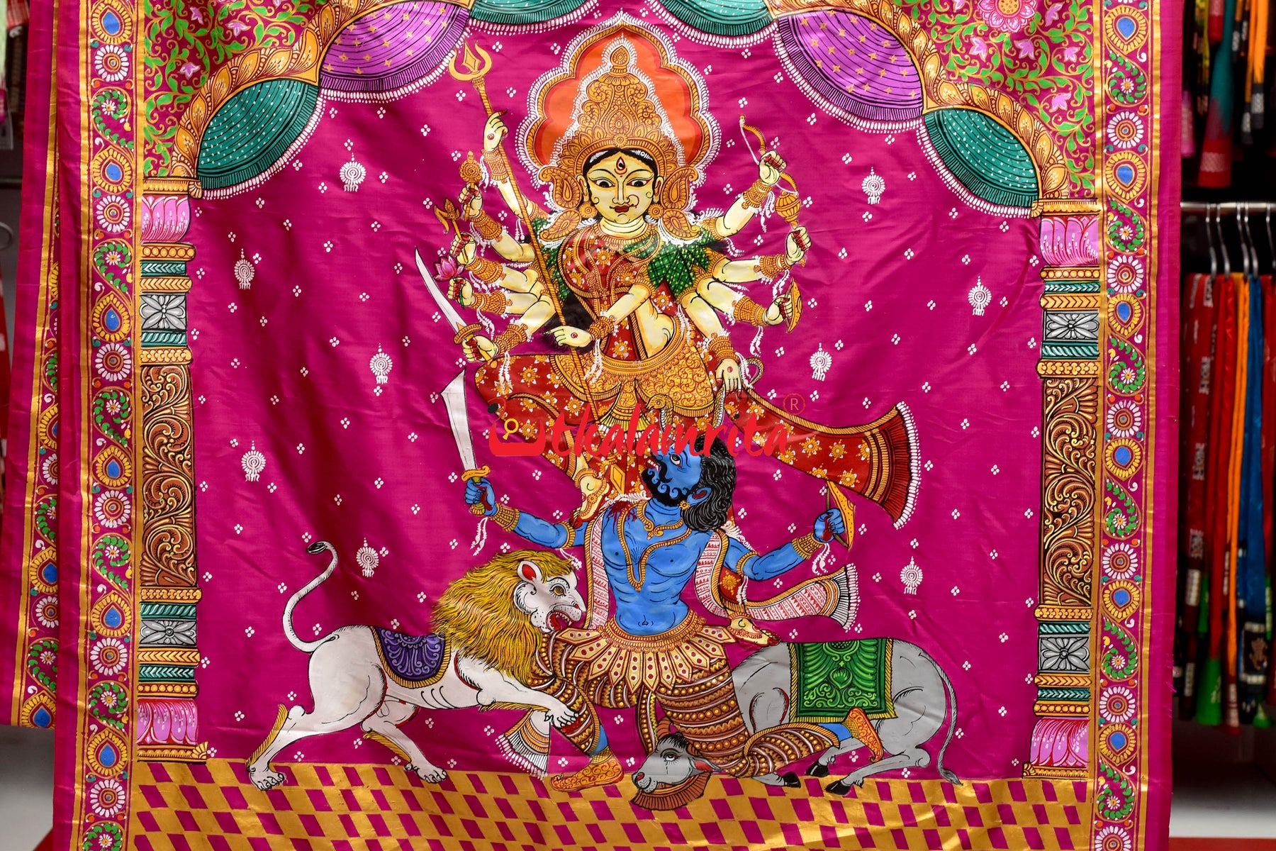 Durga Pattachitra Rani Pink Silk Saree