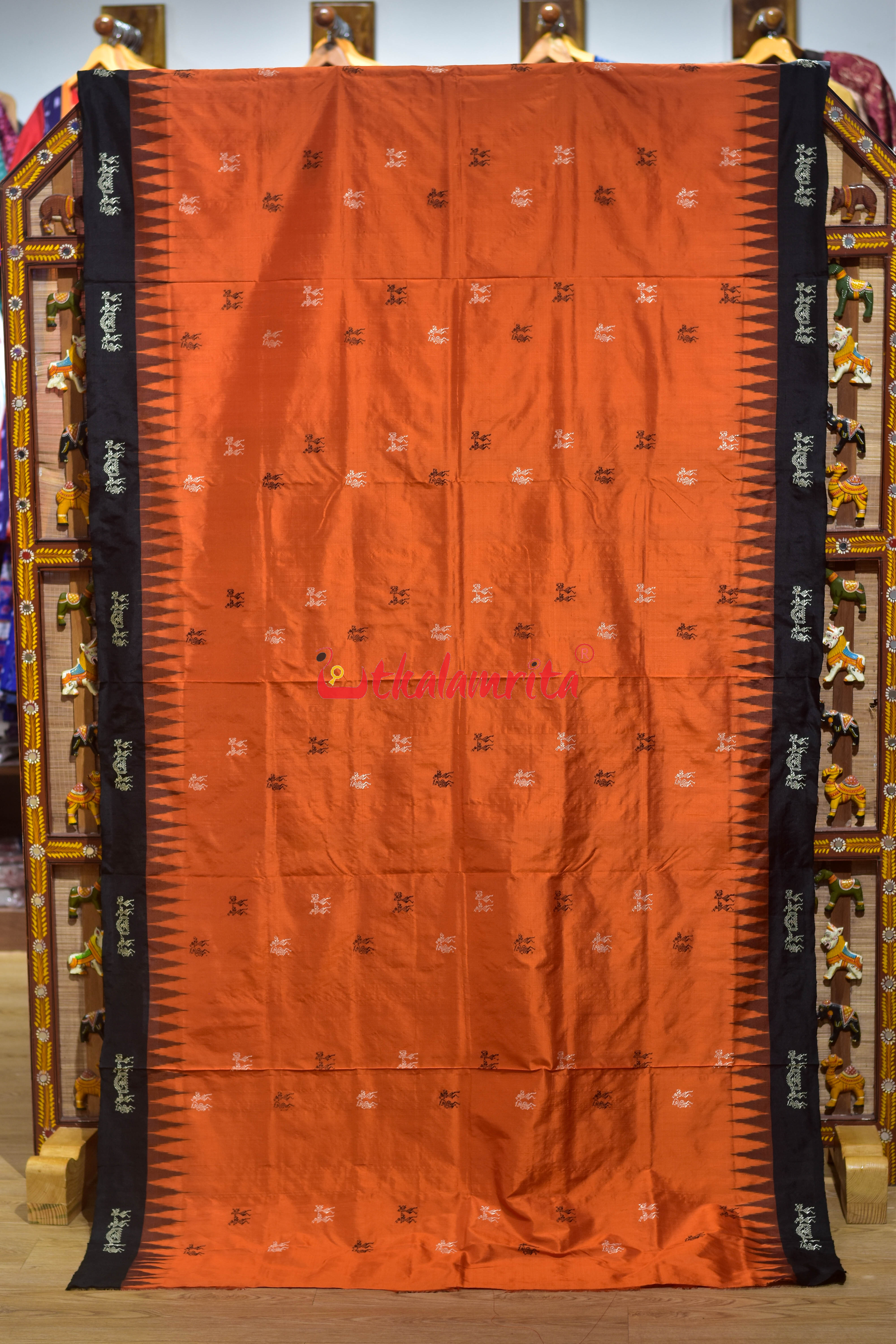Orange Black Sabari Bomkai Silk Saree