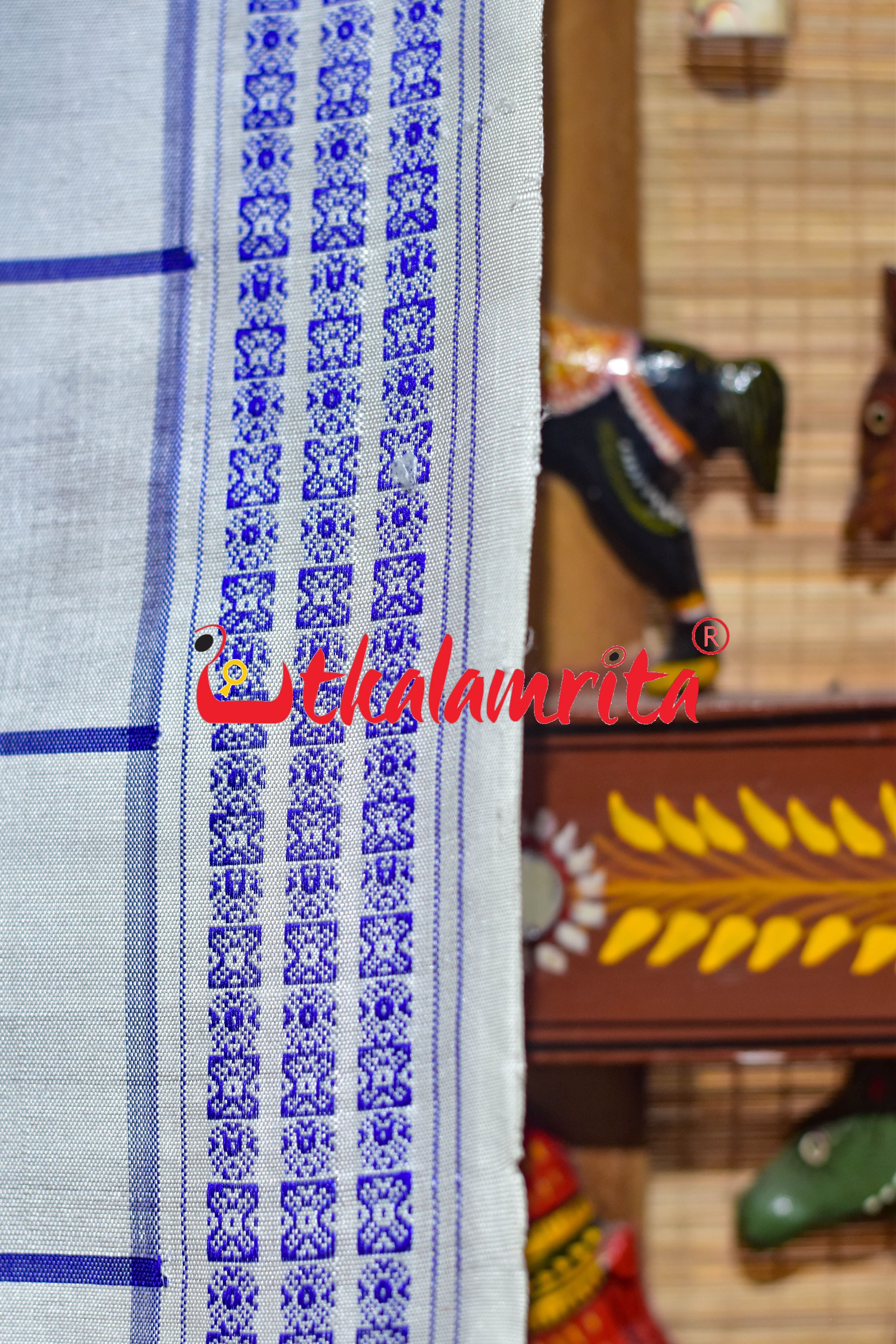 White Blue Check Fish Buti Double Anchal Berhampuri Silk Saree