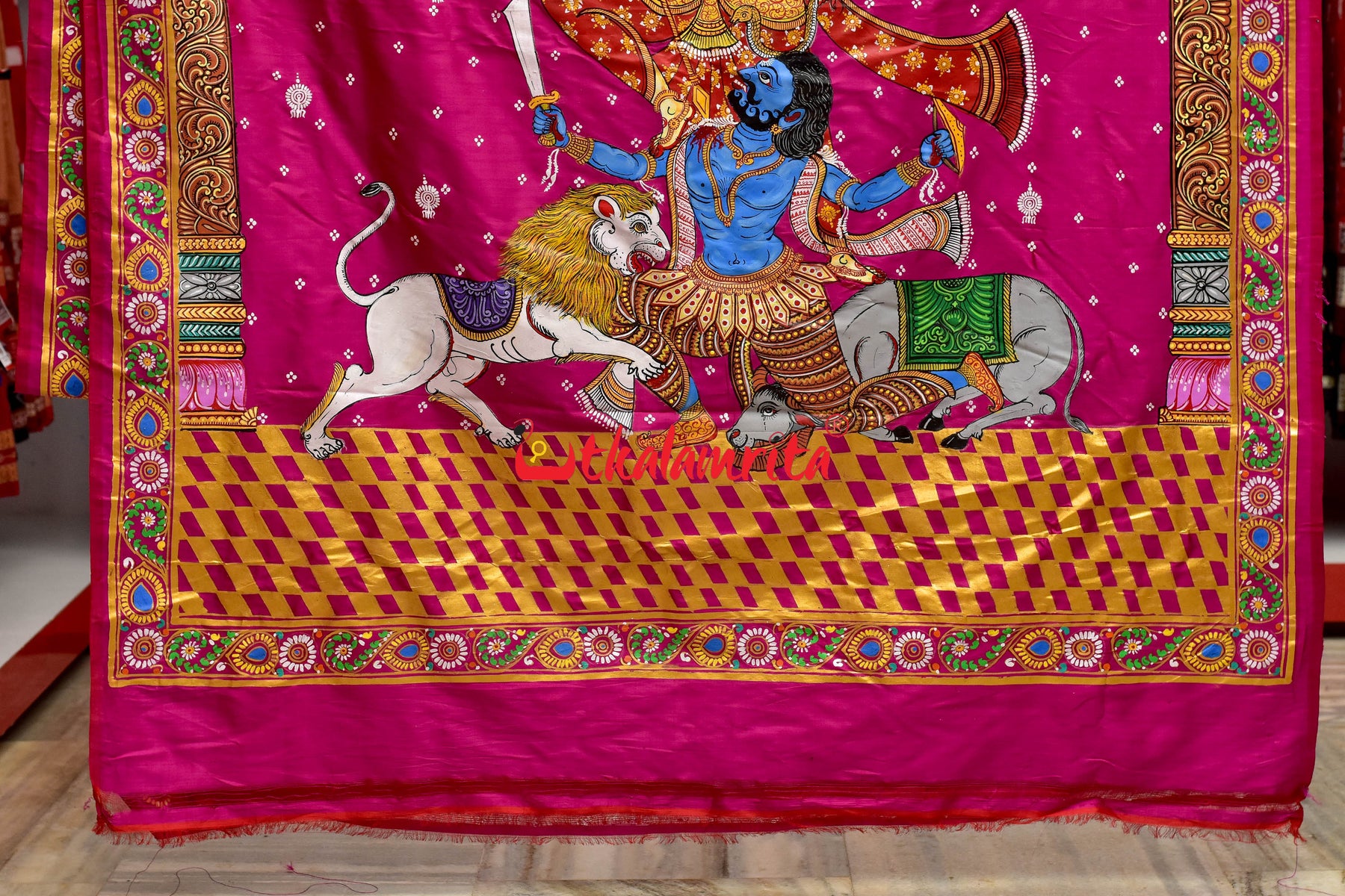 Durga Pattachitra Rani Pink Silk Saree