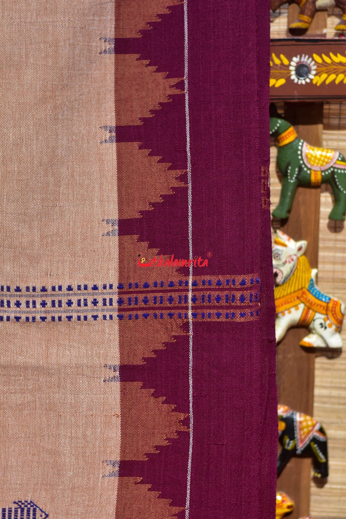 Cream Maroon Temple Design Kotpad Cotton Saree