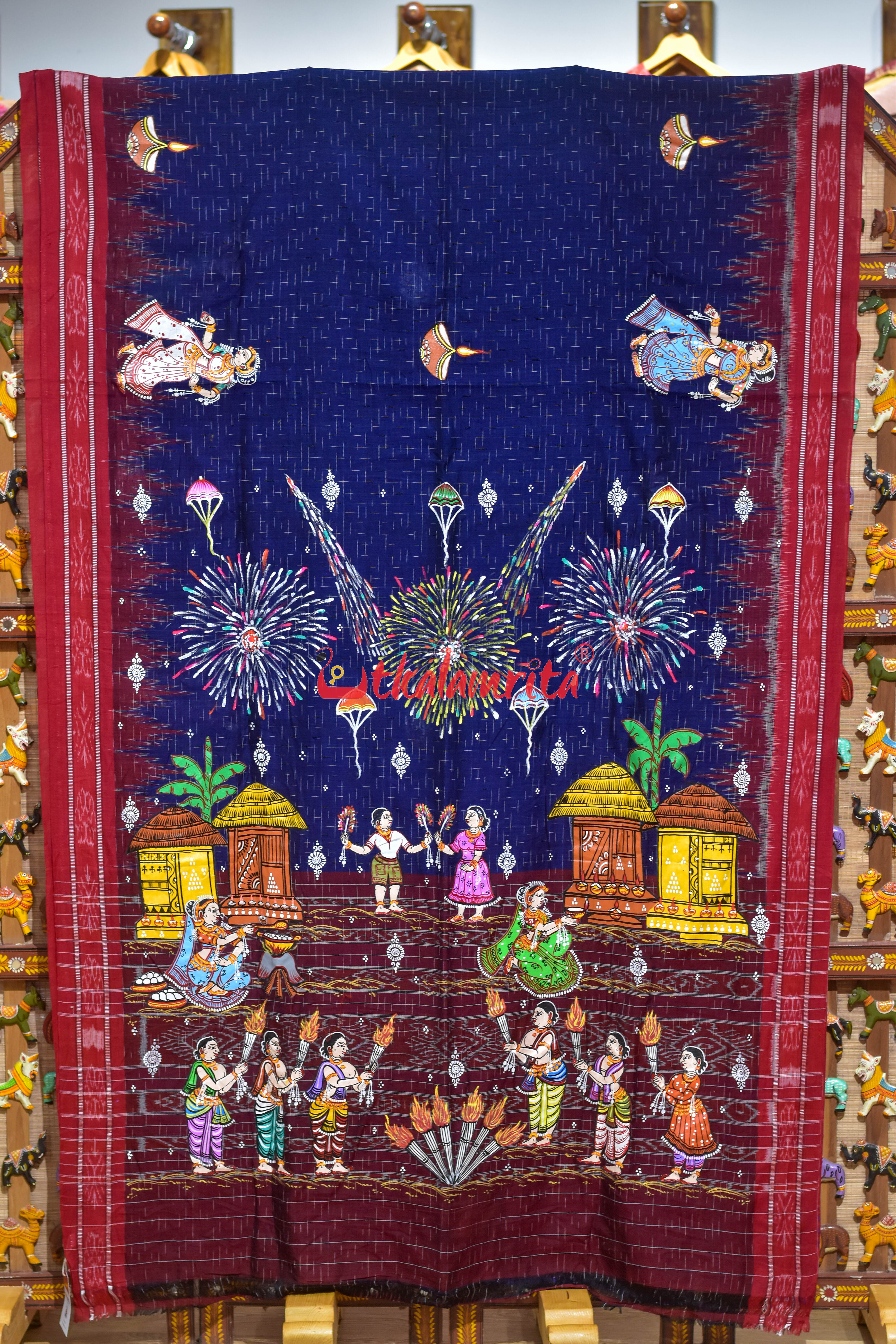 Navy Blue Jharana with Diwali Pattachitra Cotton Saree
