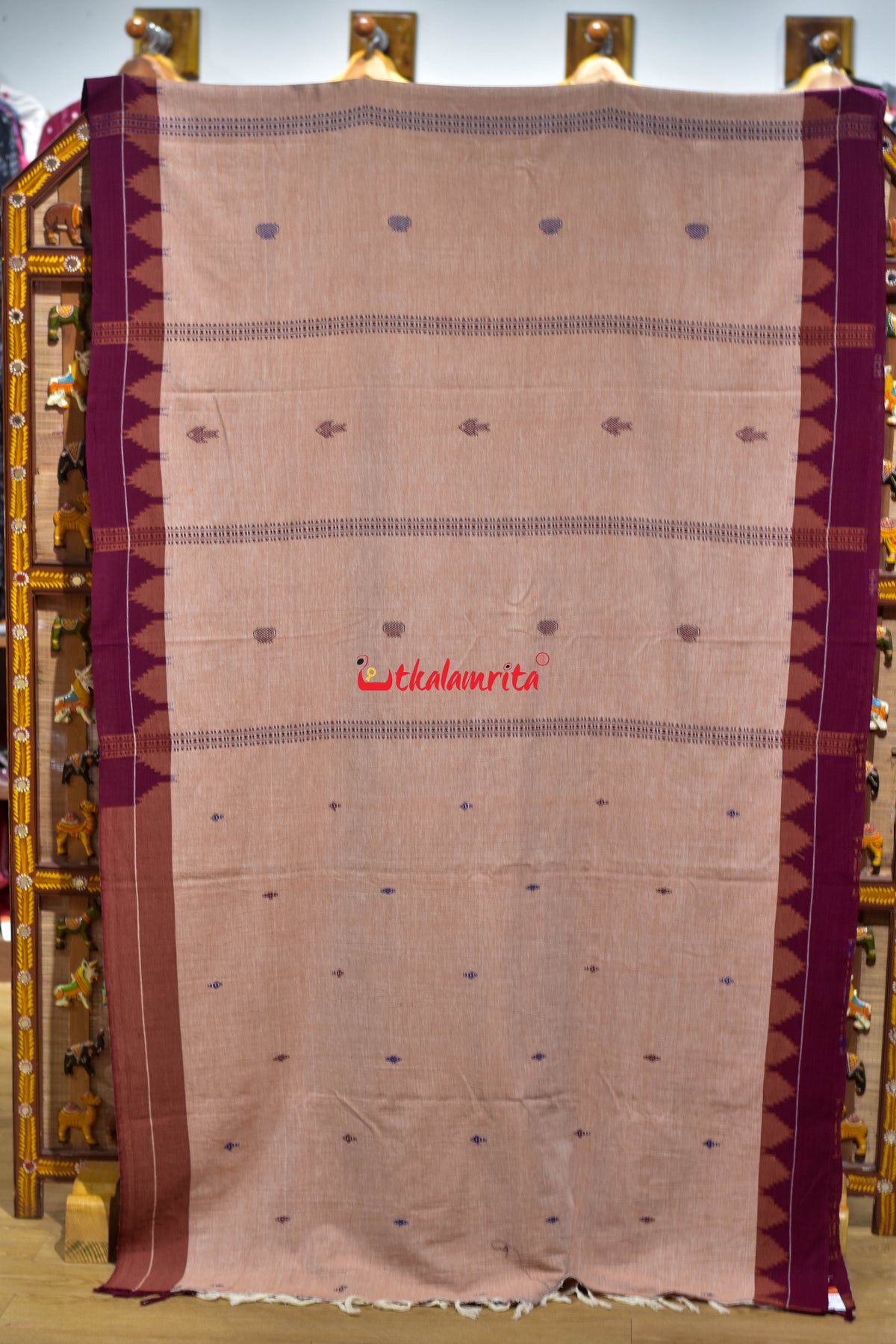 Cream Maroon Temple Design Kotpad Cotton Saree