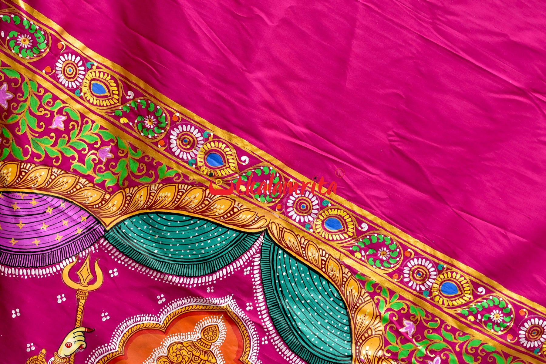 Durga Pattachitra Rani Pink Silk Saree