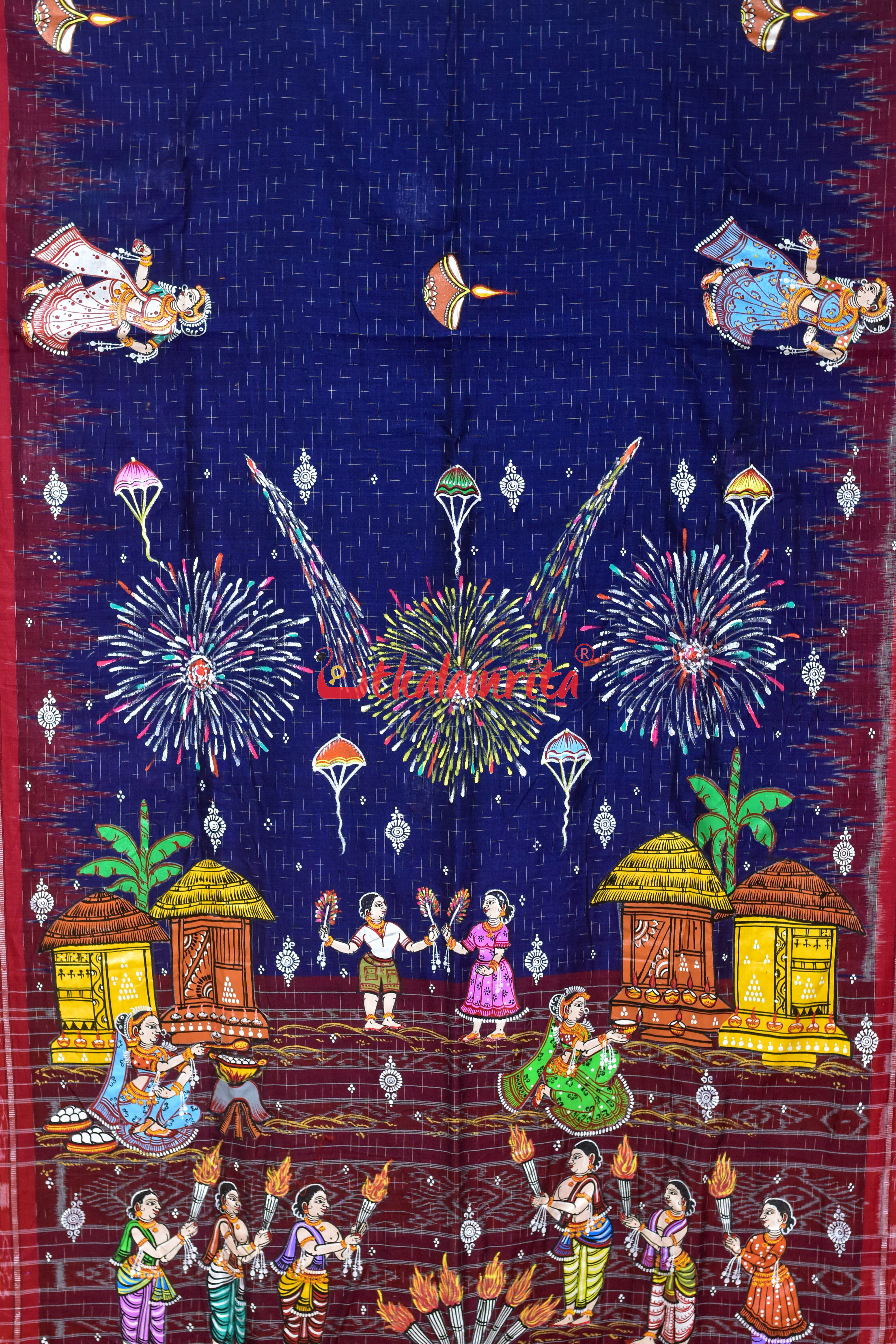 Navy Blue Jharana with Diwali Pattachitra Cotton Saree