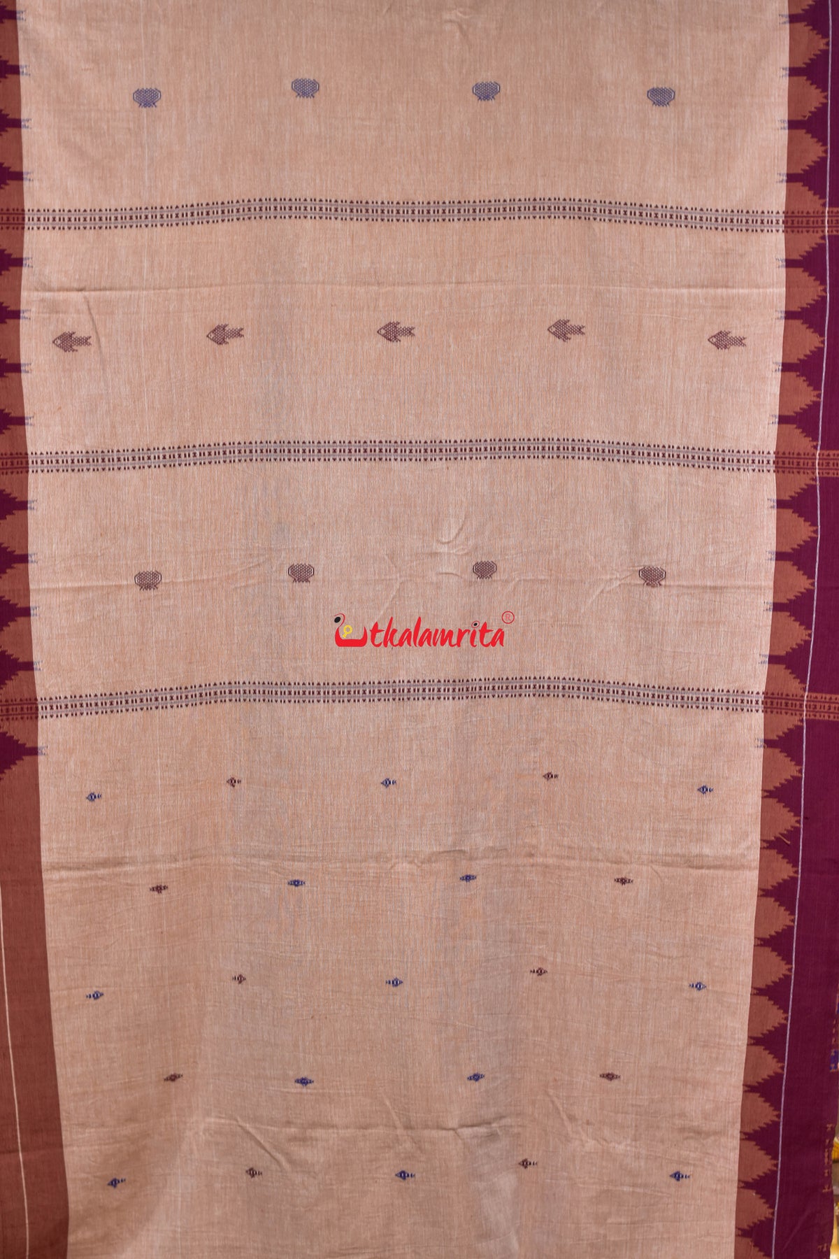 Cream Maroon Temple Design Kotpad Cotton Saree