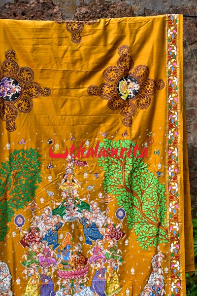 Golden Kandarpa Boita Pattachitra Silk Saree