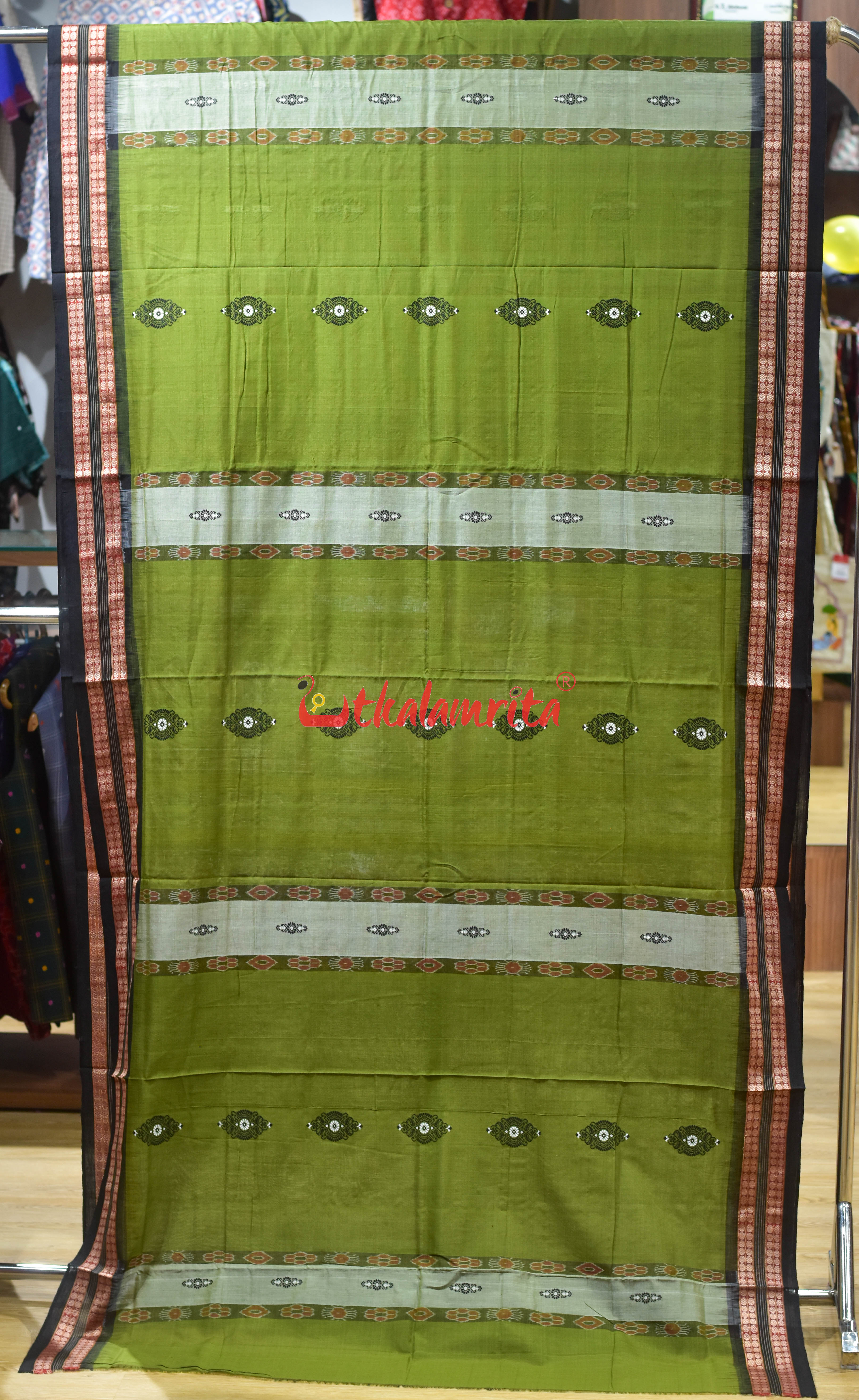 Mehndi Green Pere Bandha Bomkai Cotton Saree