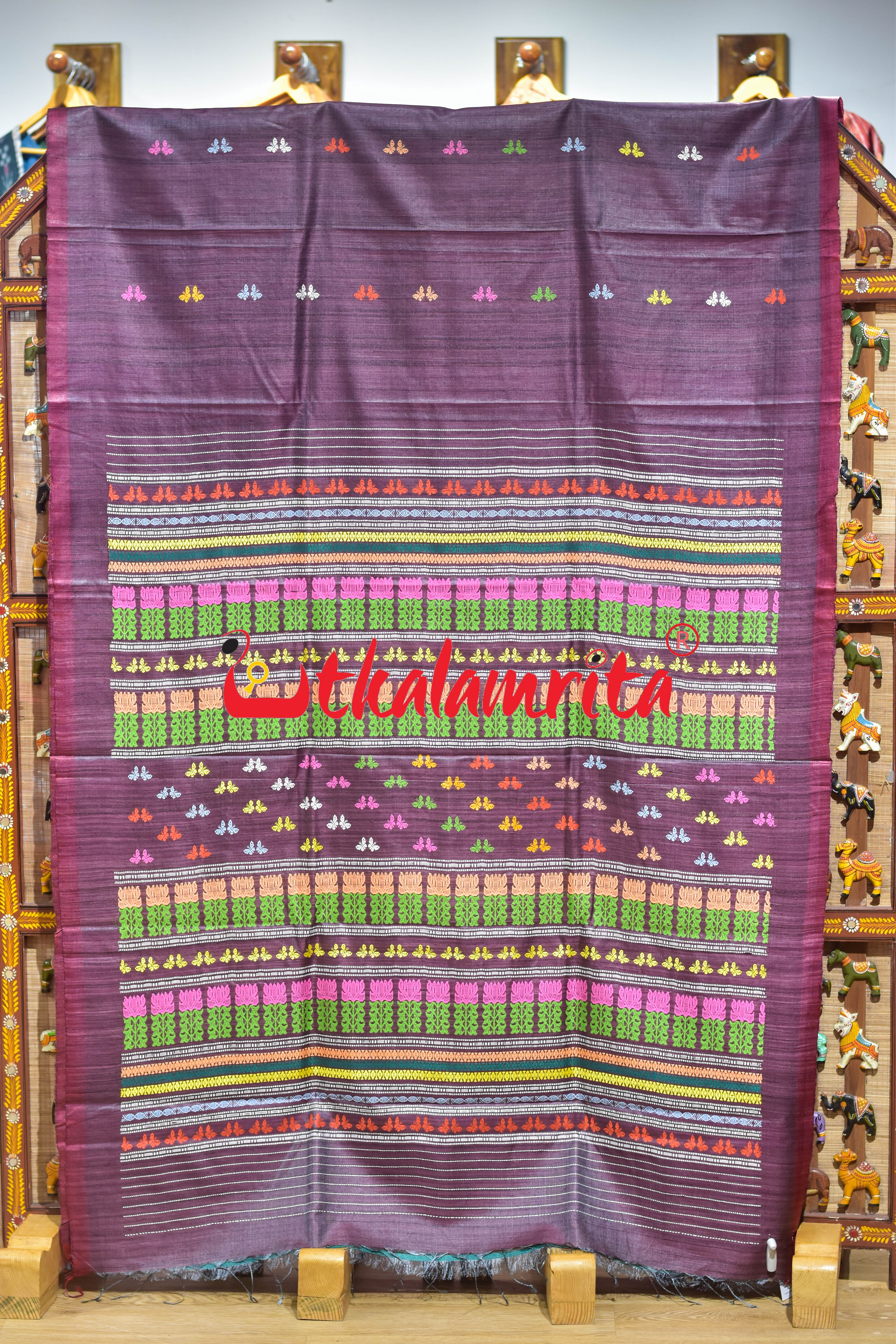 Wine Multicolor Butterfly Gopalpur Tussar Saree
