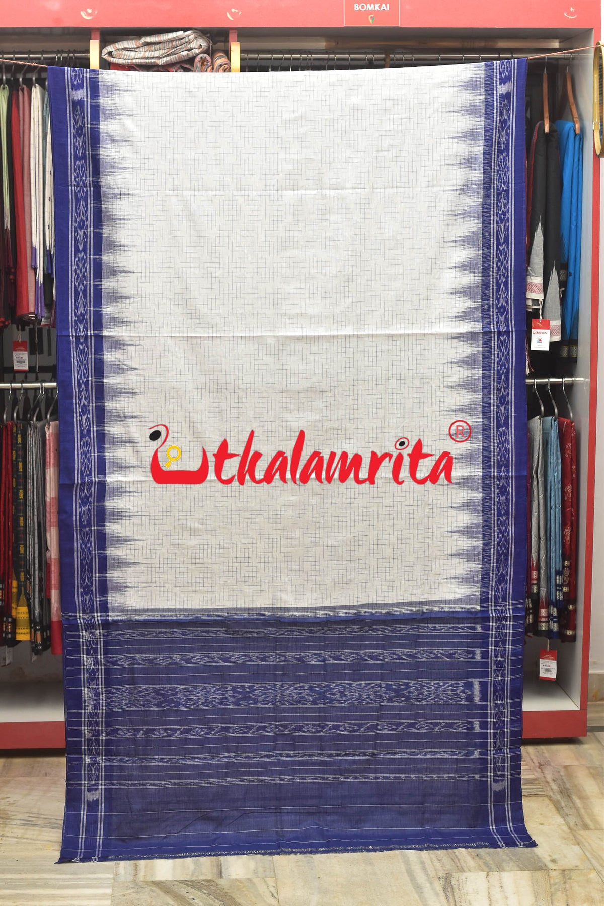 White Blue Jharana Cotton Saree