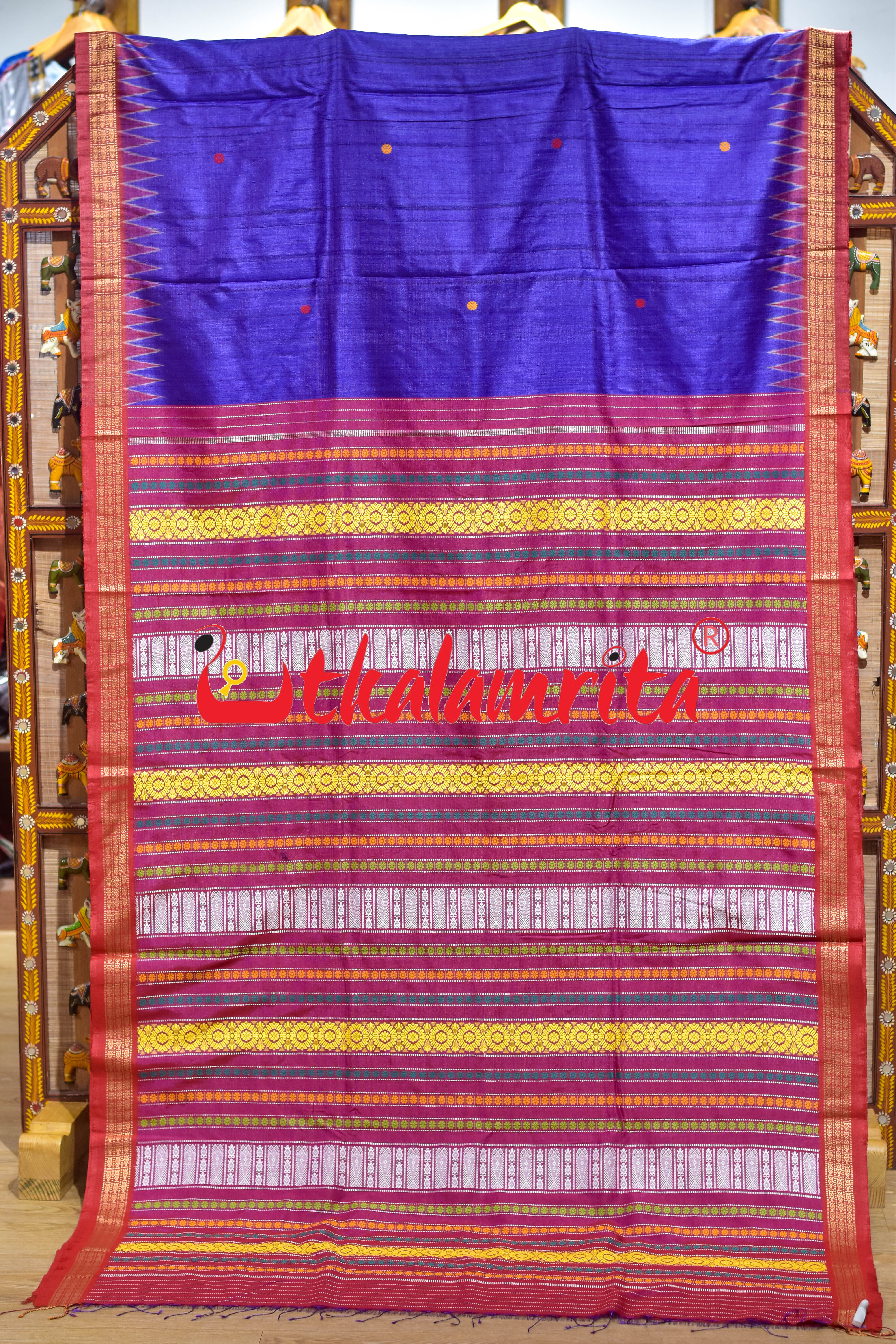 Deep Blue Red Double Anchal Fishes Fine Gopalpur Tussar Saree