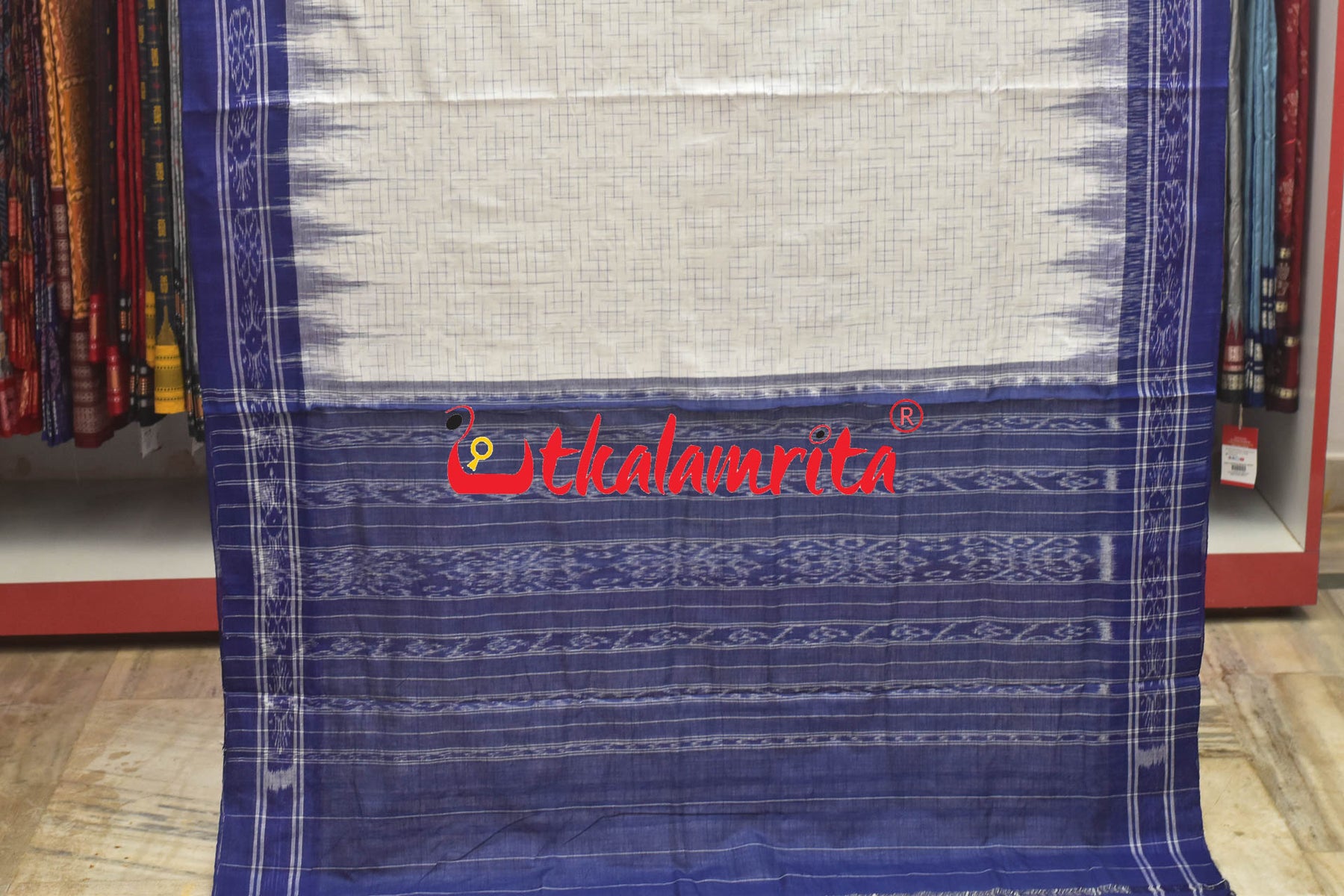 White Blue Jharana Cotton Saree