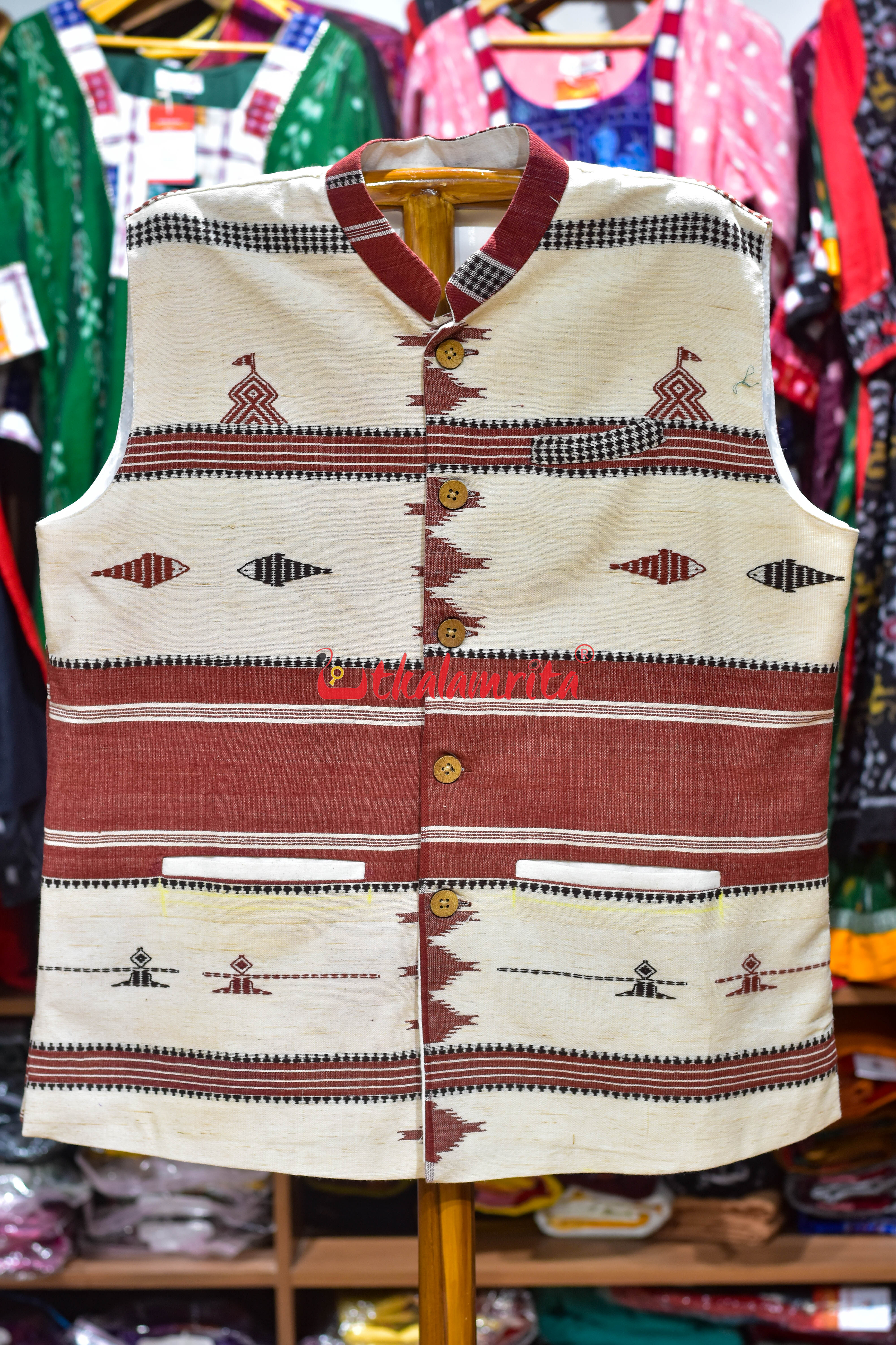 Off White with Brown Stripes Adibasi Kotpad (Modi Jacket)
