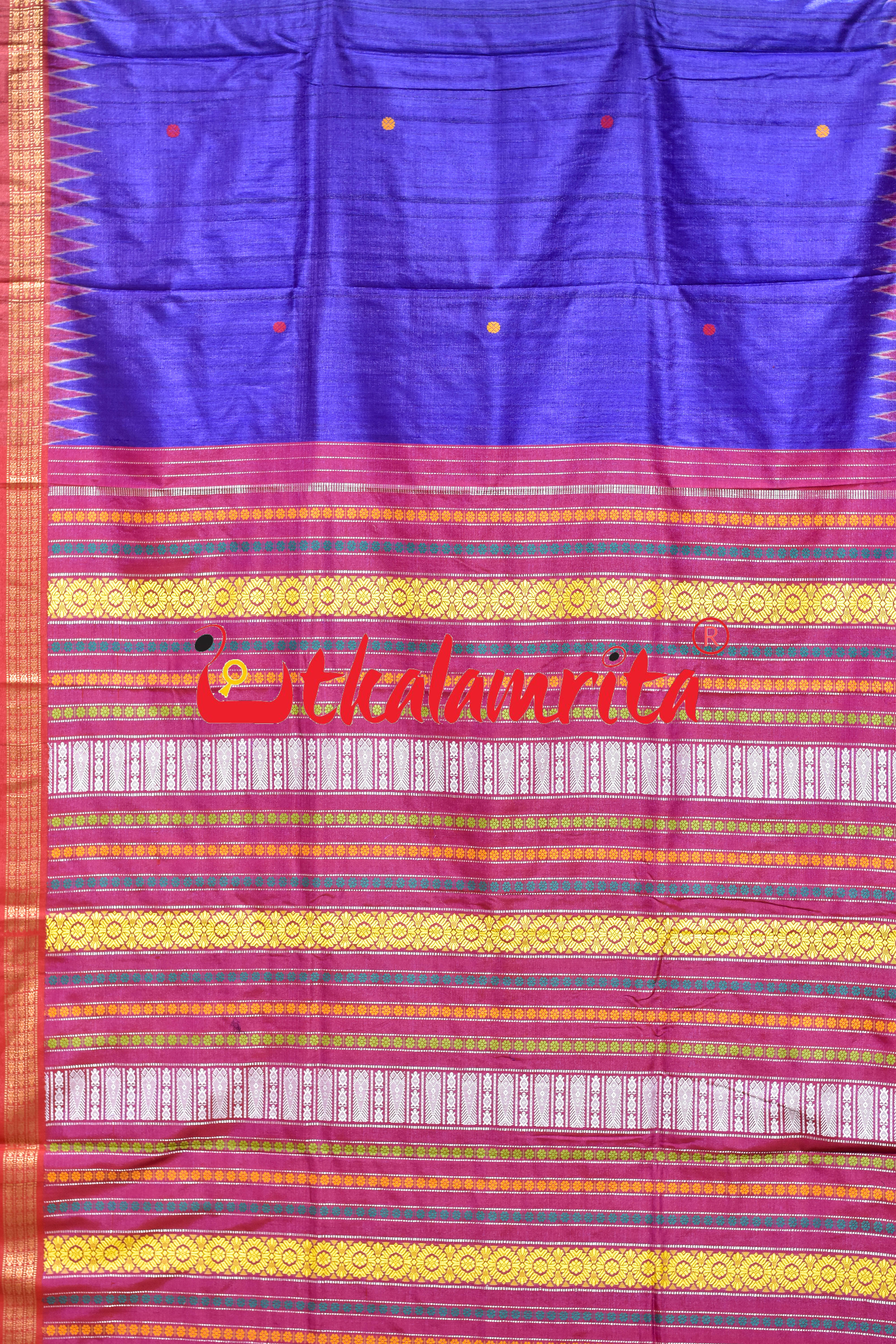 Deep Blue Red Double Anchal Fishes Fine Gopalpur Tussar Saree