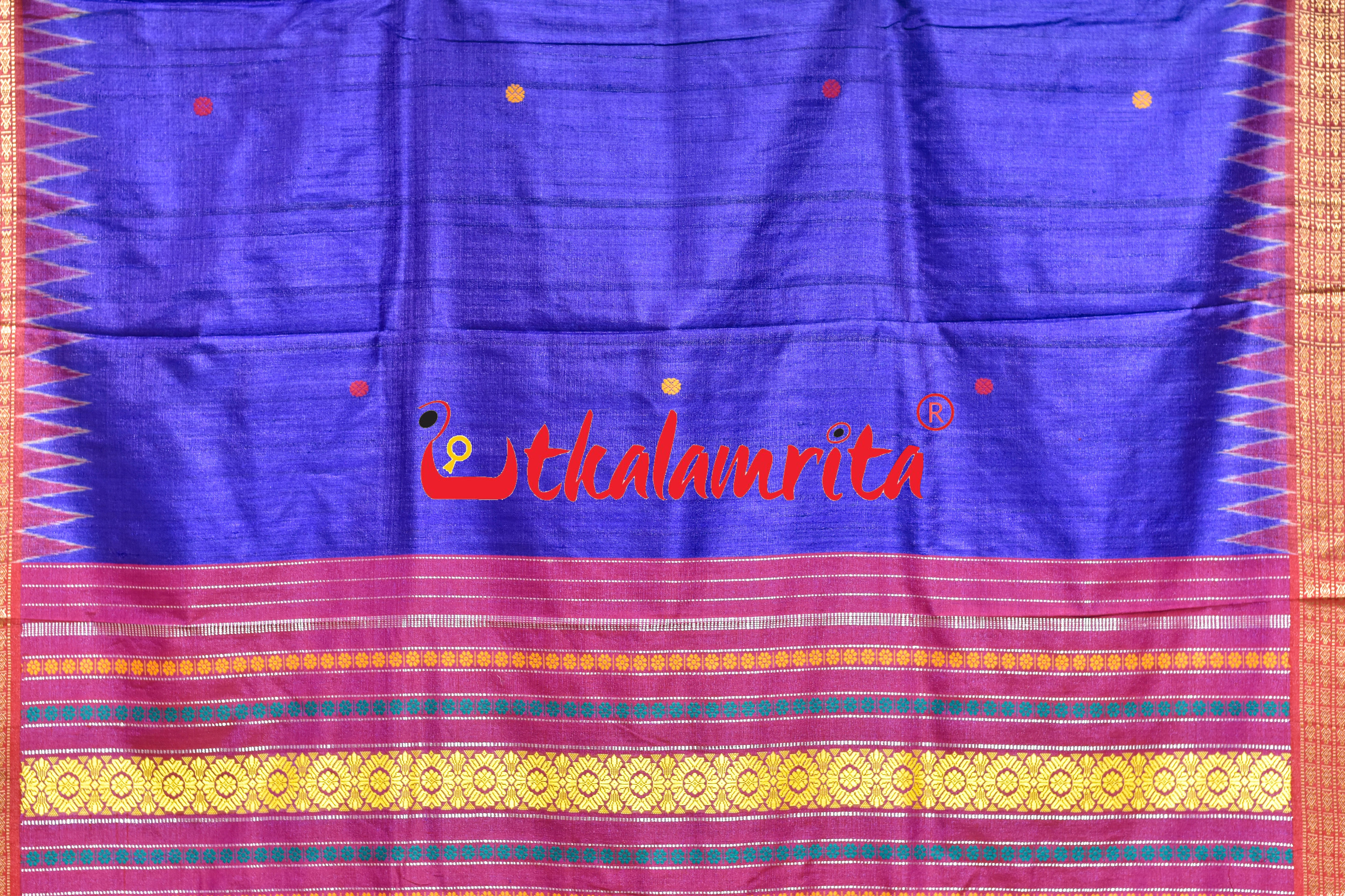 Deep Blue Red Double Anchal Fishes Fine Gopalpur Tussar Saree