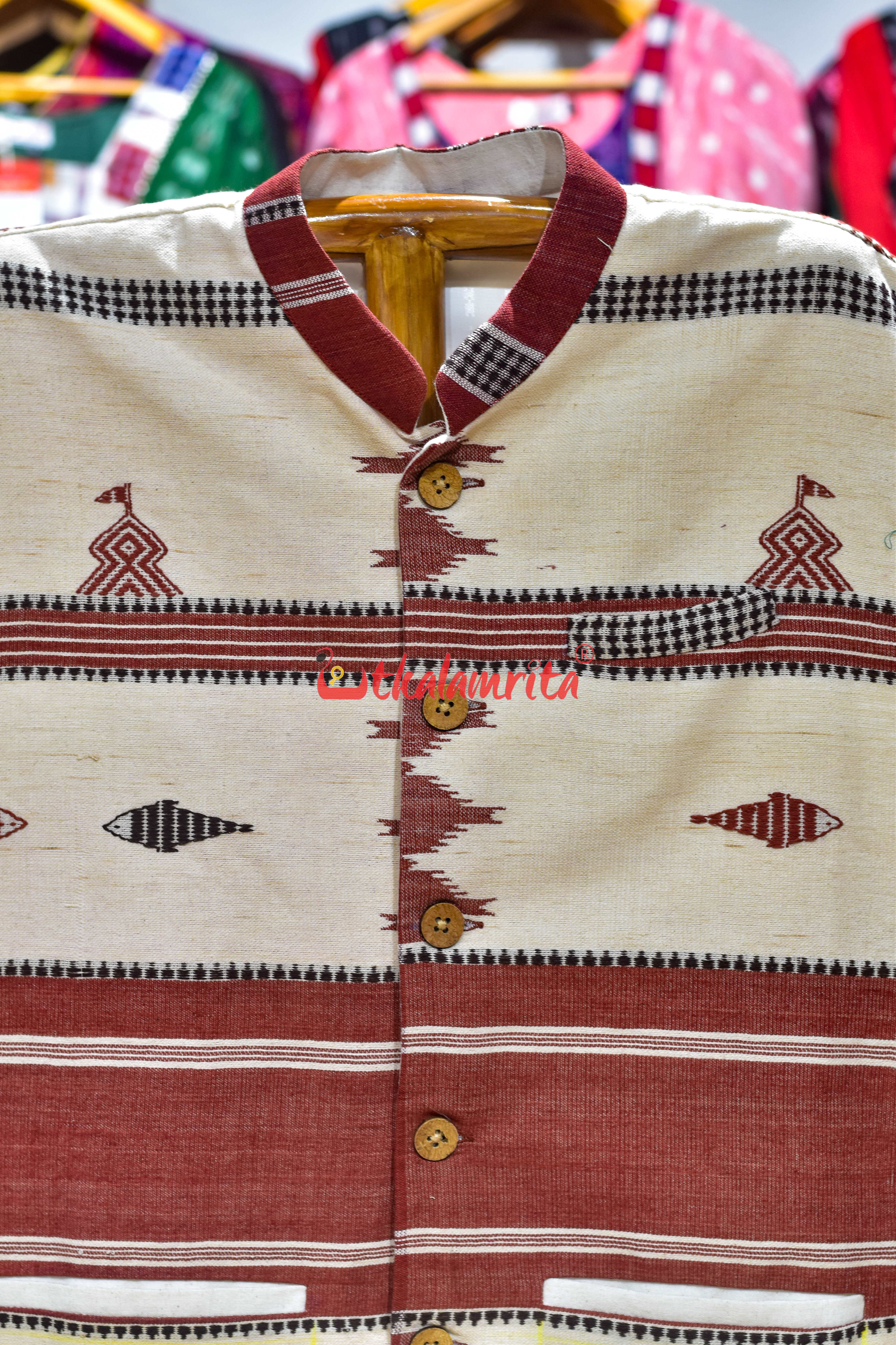 Off White with Brown Stripes Adibasi Kotpad (Modi Jacket)