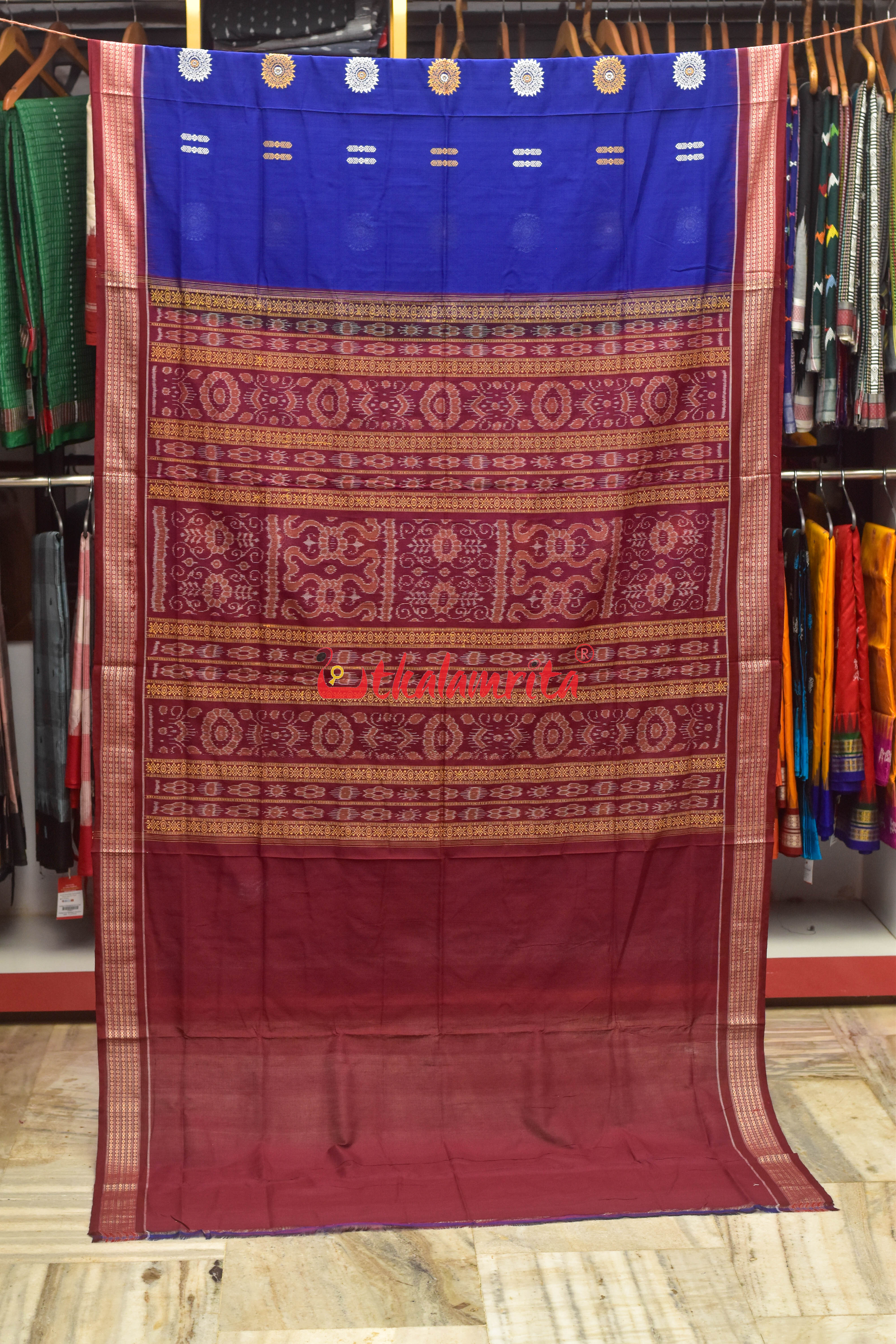 Blue Maroon Padam Bomkai Cotton Saree
