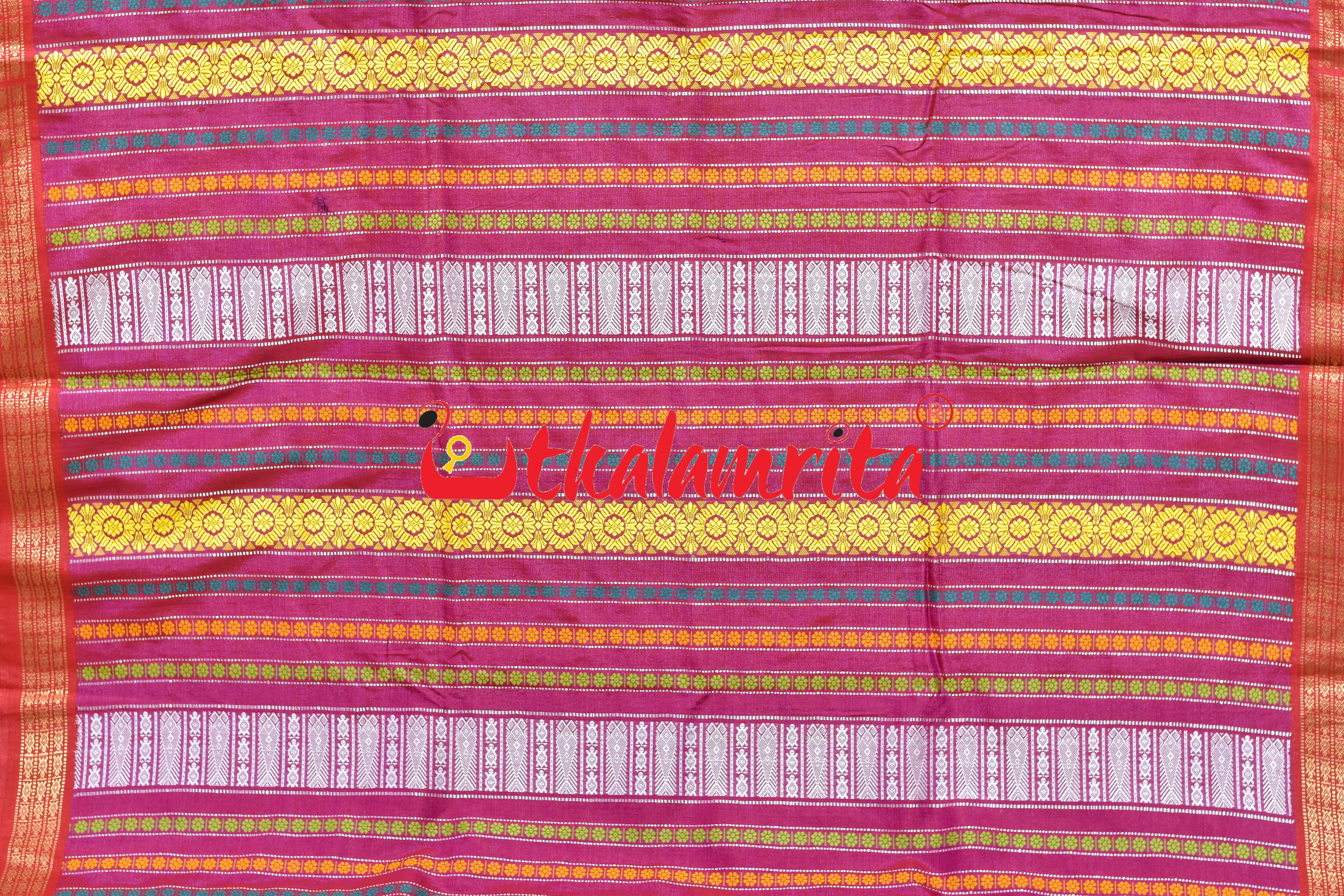 Deep Blue Red Double Anchal Fishes Fine Gopalpur Tussar Saree