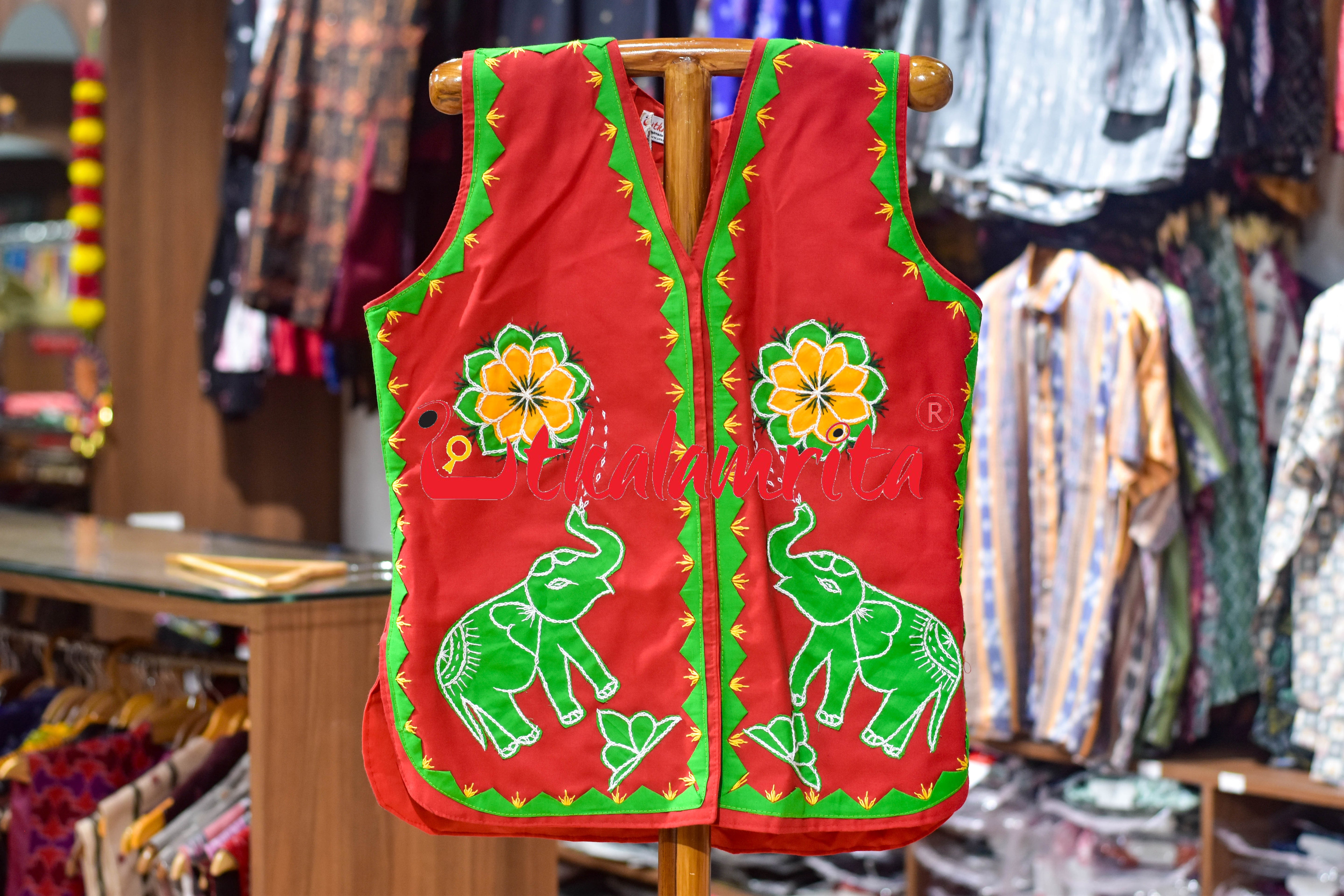 Red with Green Elephant Applique (Jacket)