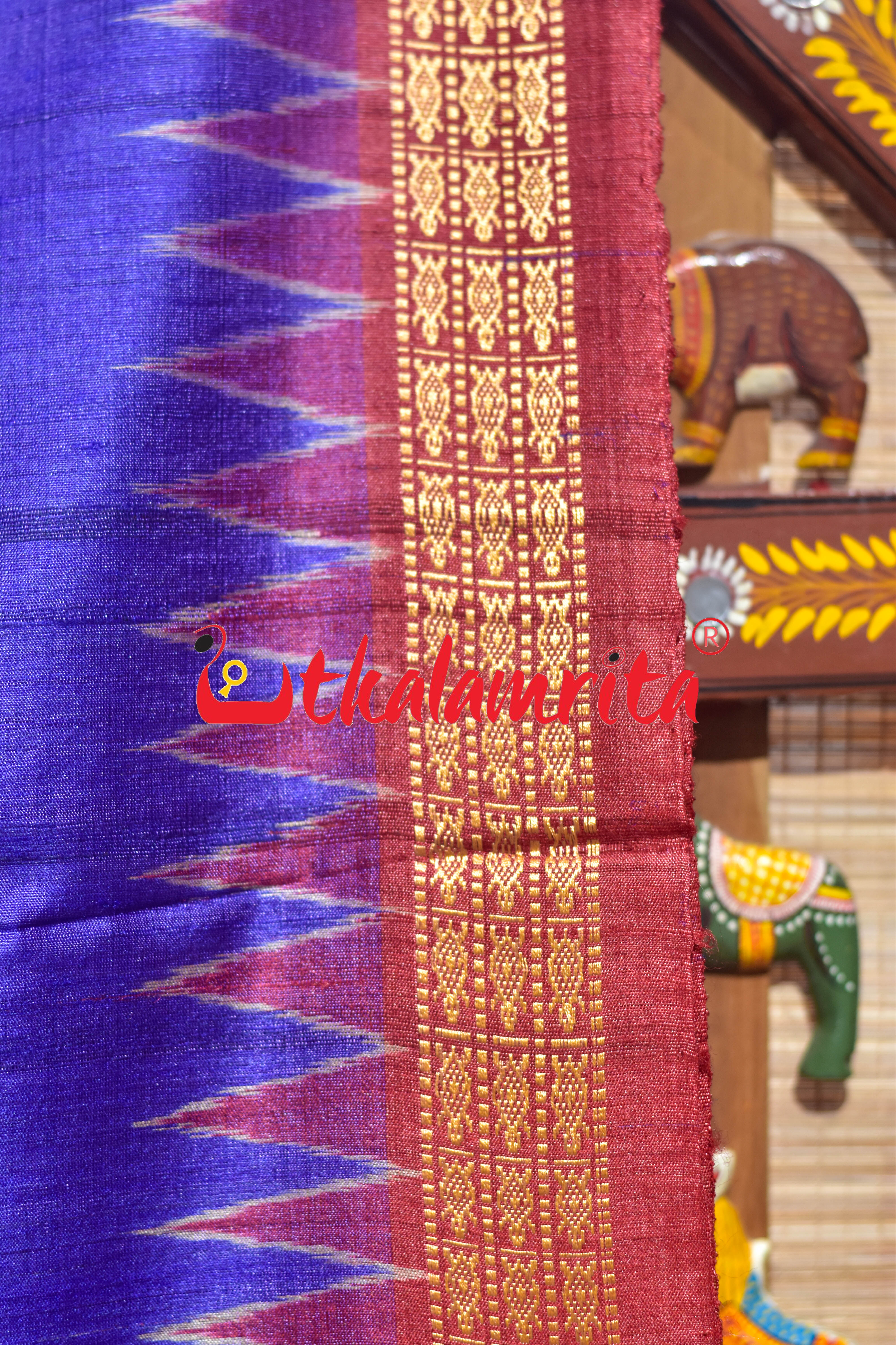 Deep Blue Red Double Anchal Fishes Fine Gopalpur Tussar Saree