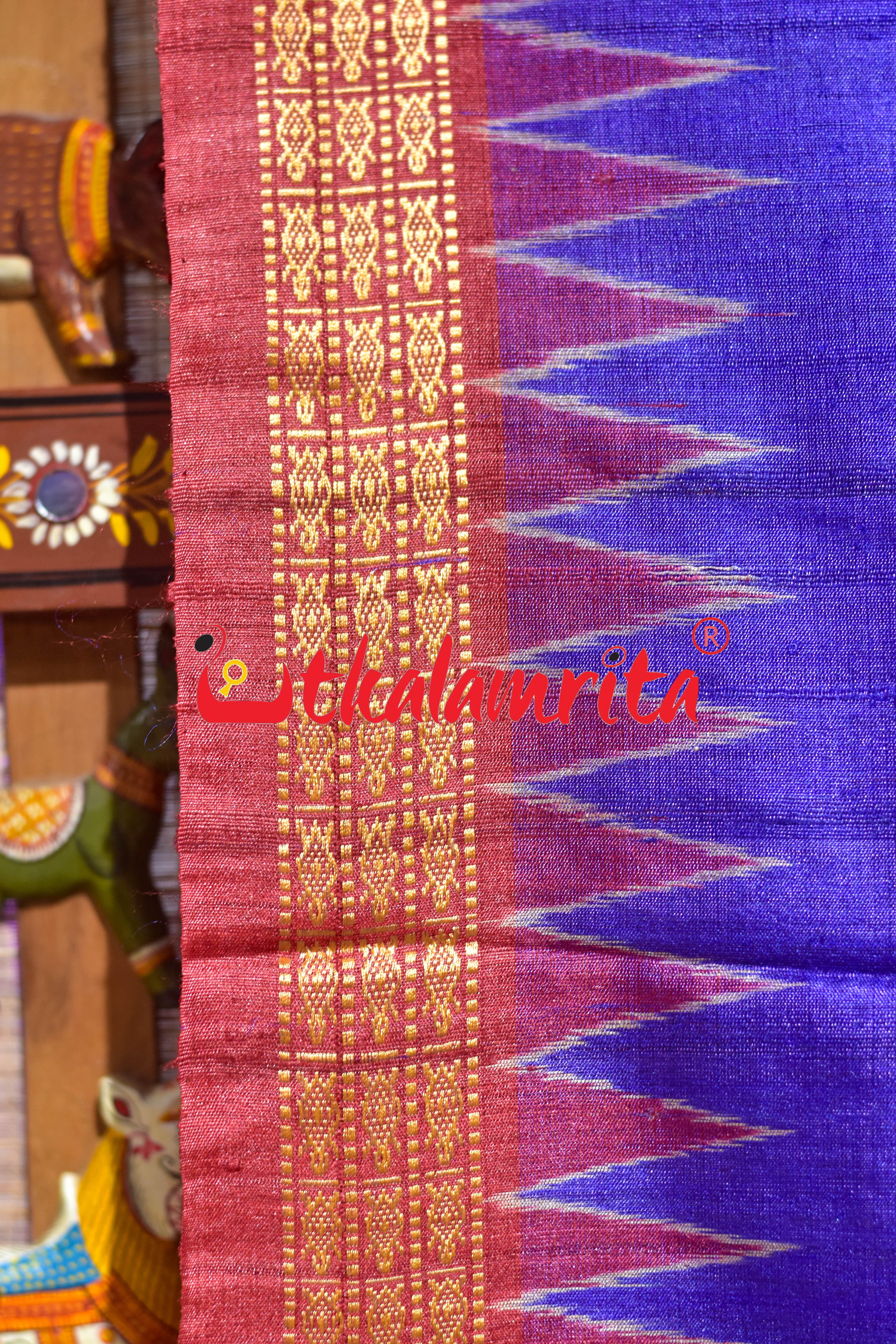 Deep Blue Red Double Anchal Fishes Fine Gopalpur Tussar Saree
