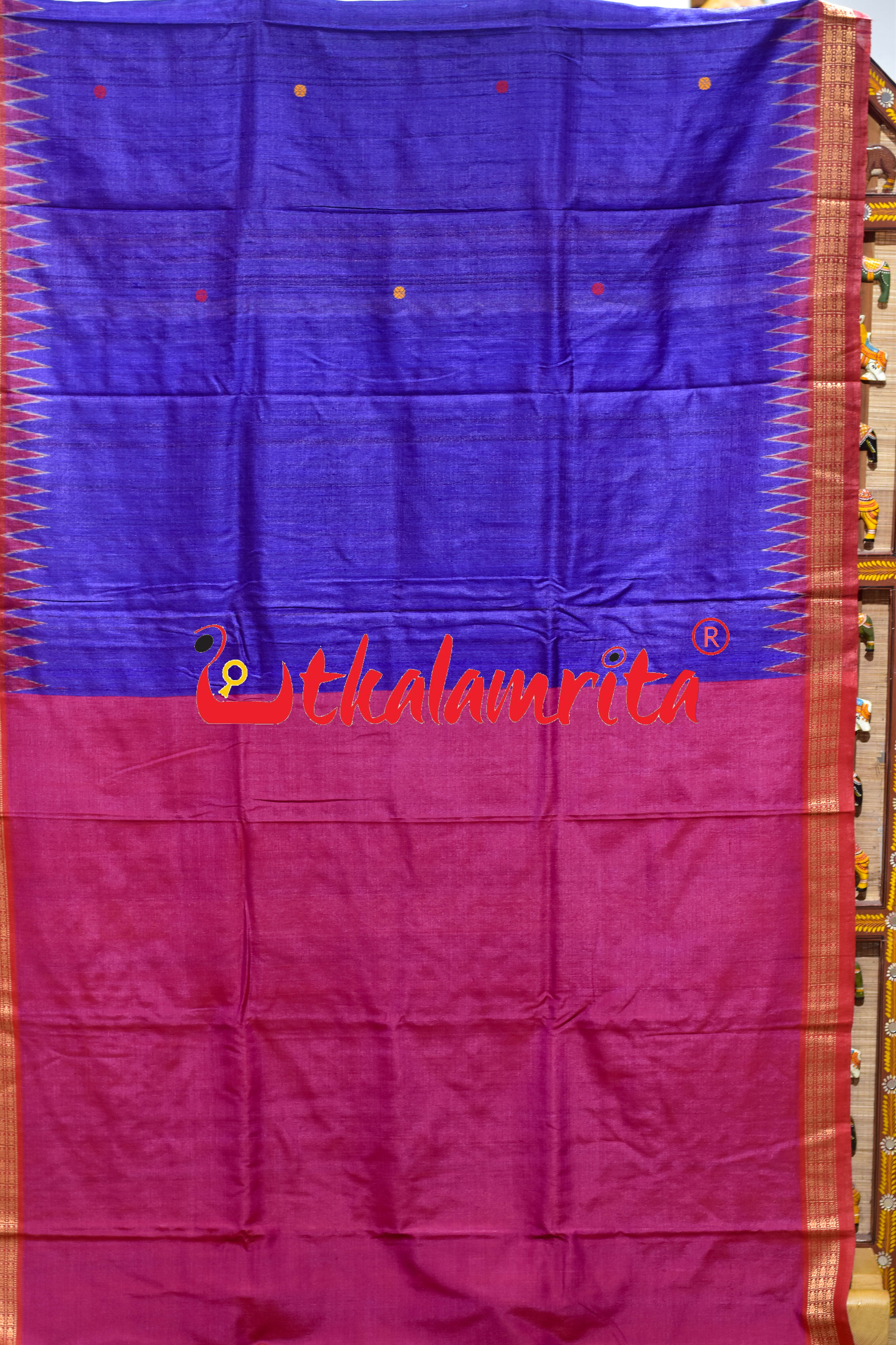 Deep Blue Red Double Anchal Fishes Fine Gopalpur Tussar Saree