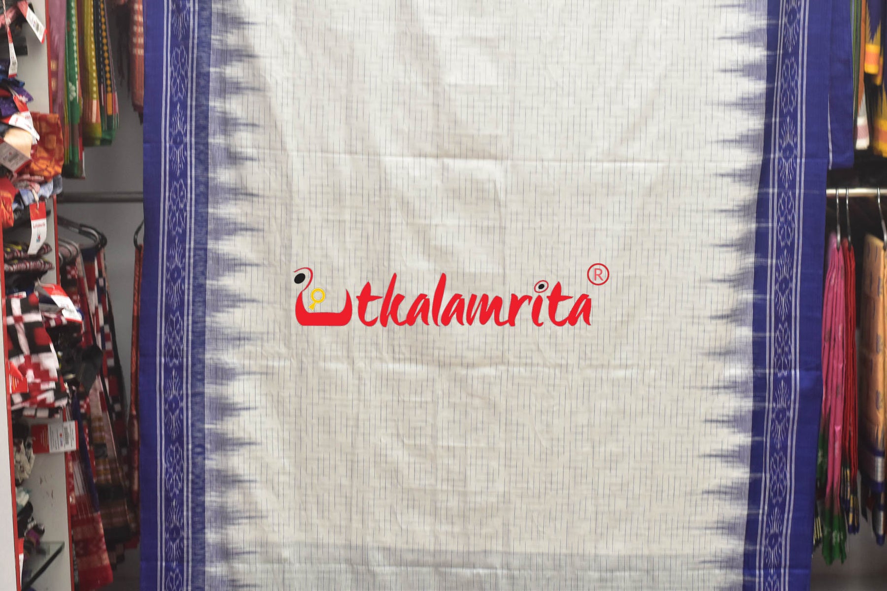 White Blue Jharana Cotton Saree