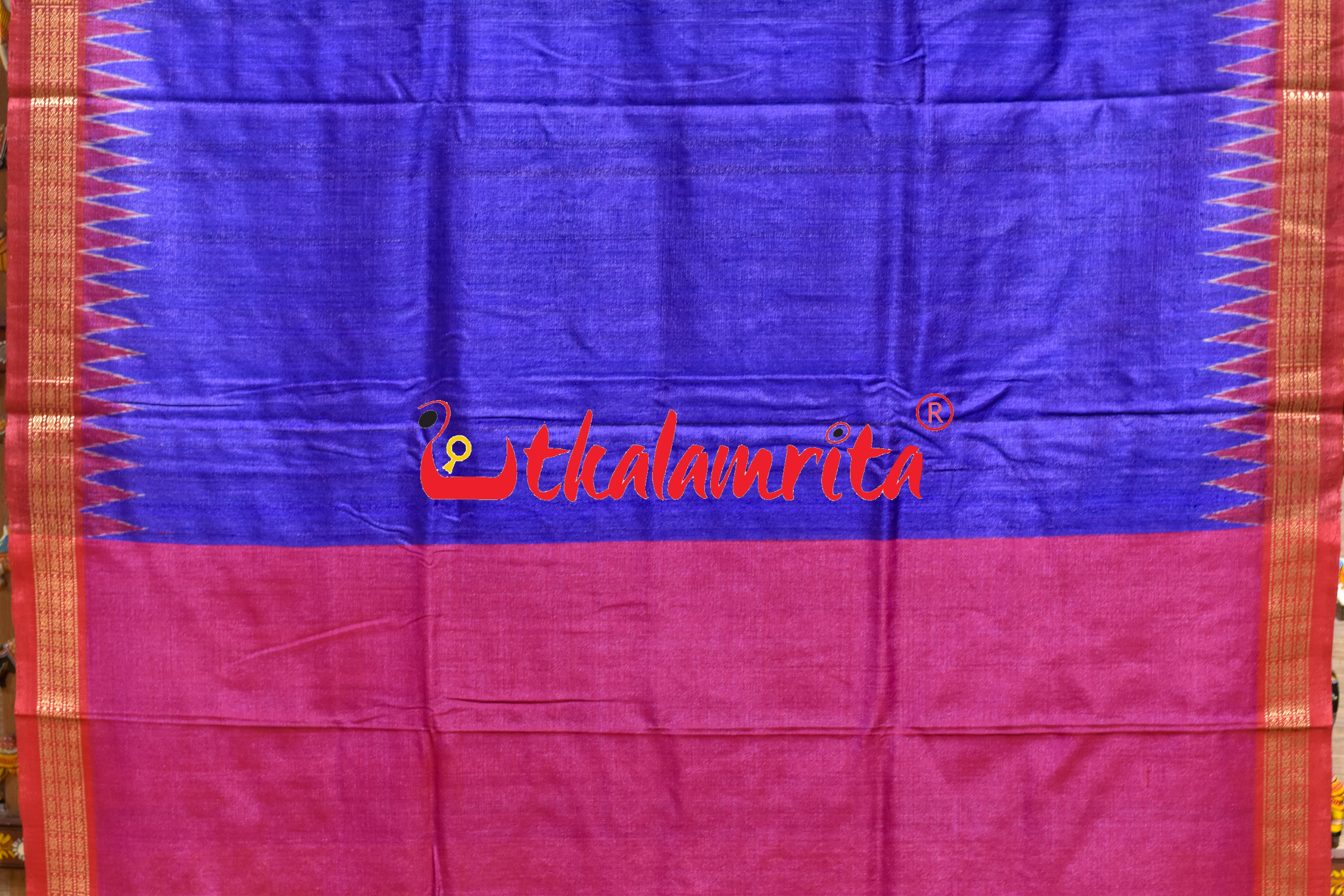 Deep Blue Red Double Anchal Fishes Fine Gopalpur Tussar Saree