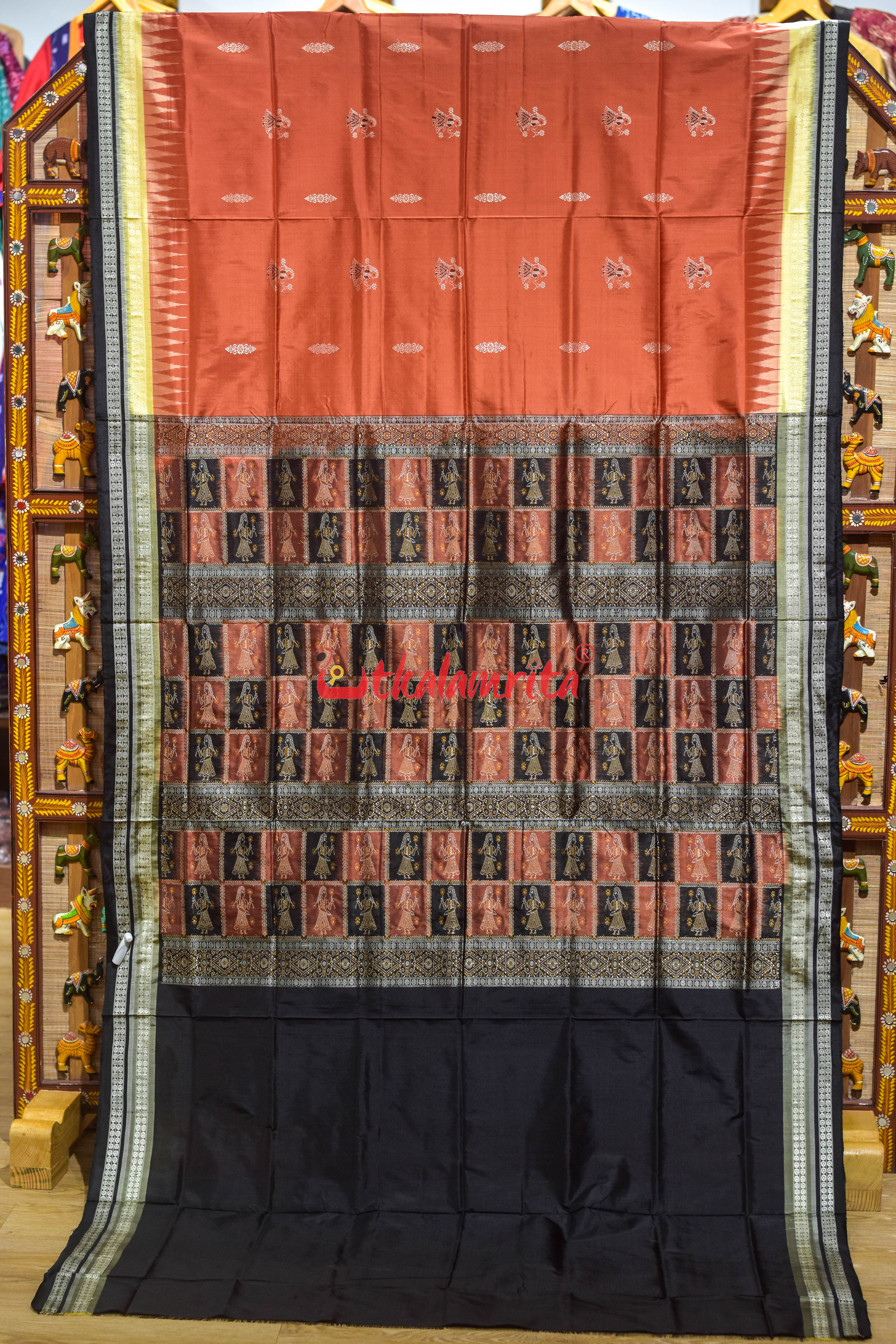 Rust Cream Double Border Doll Bomkai Silk Saree