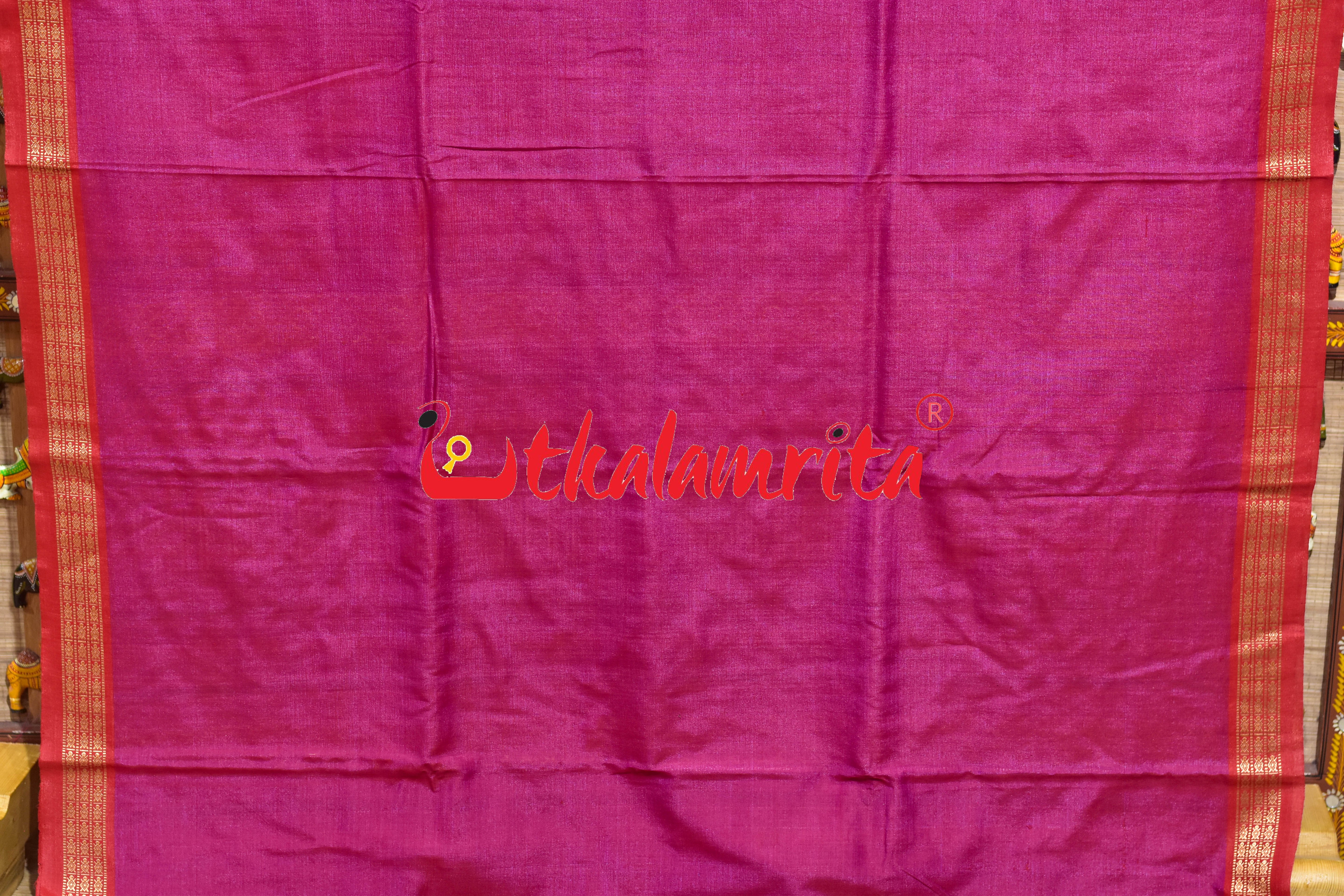 Deep Blue Red Double Anchal Fishes Fine Gopalpur Tussar Saree