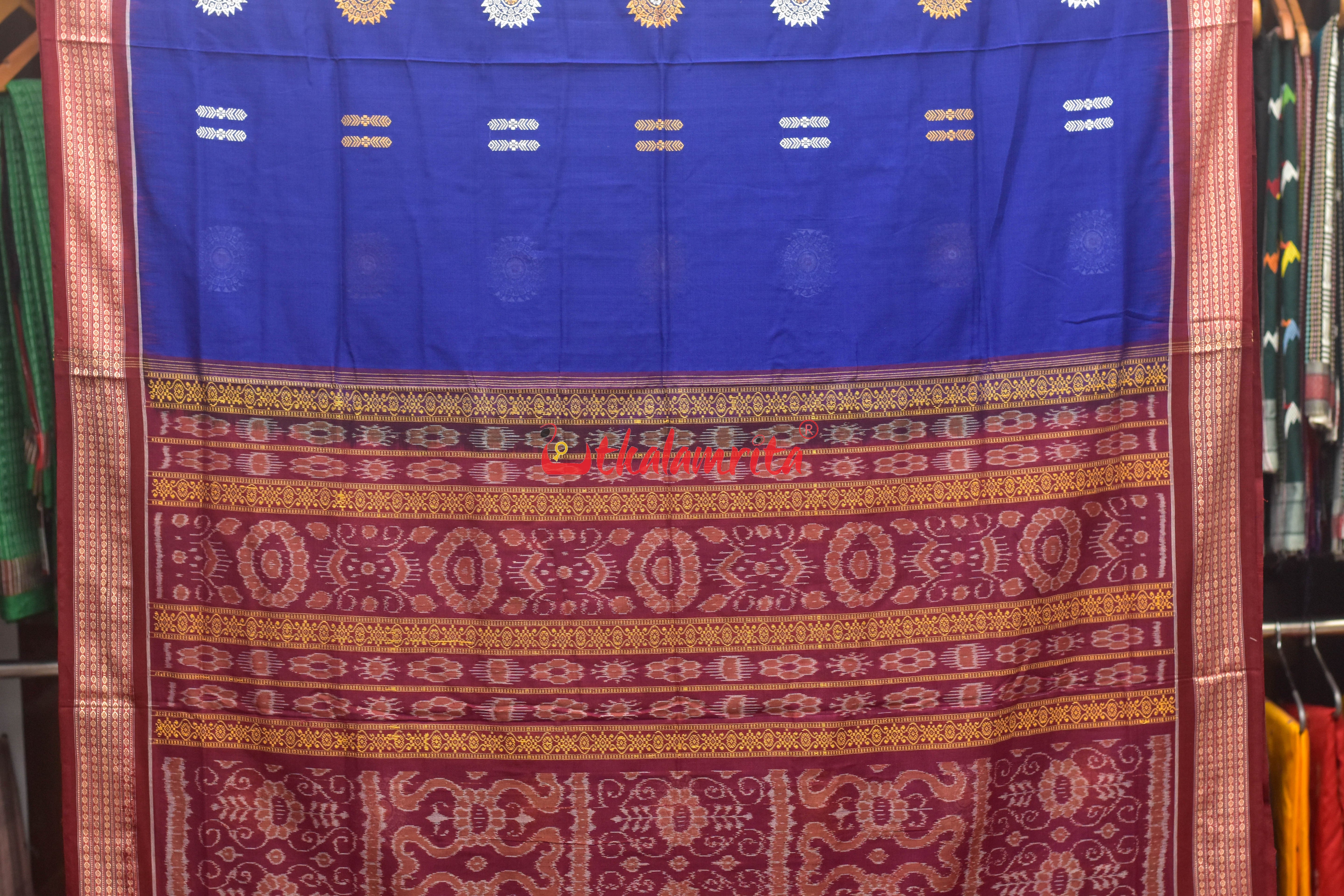 Blue Maroon Padam Bomkai Cotton Saree