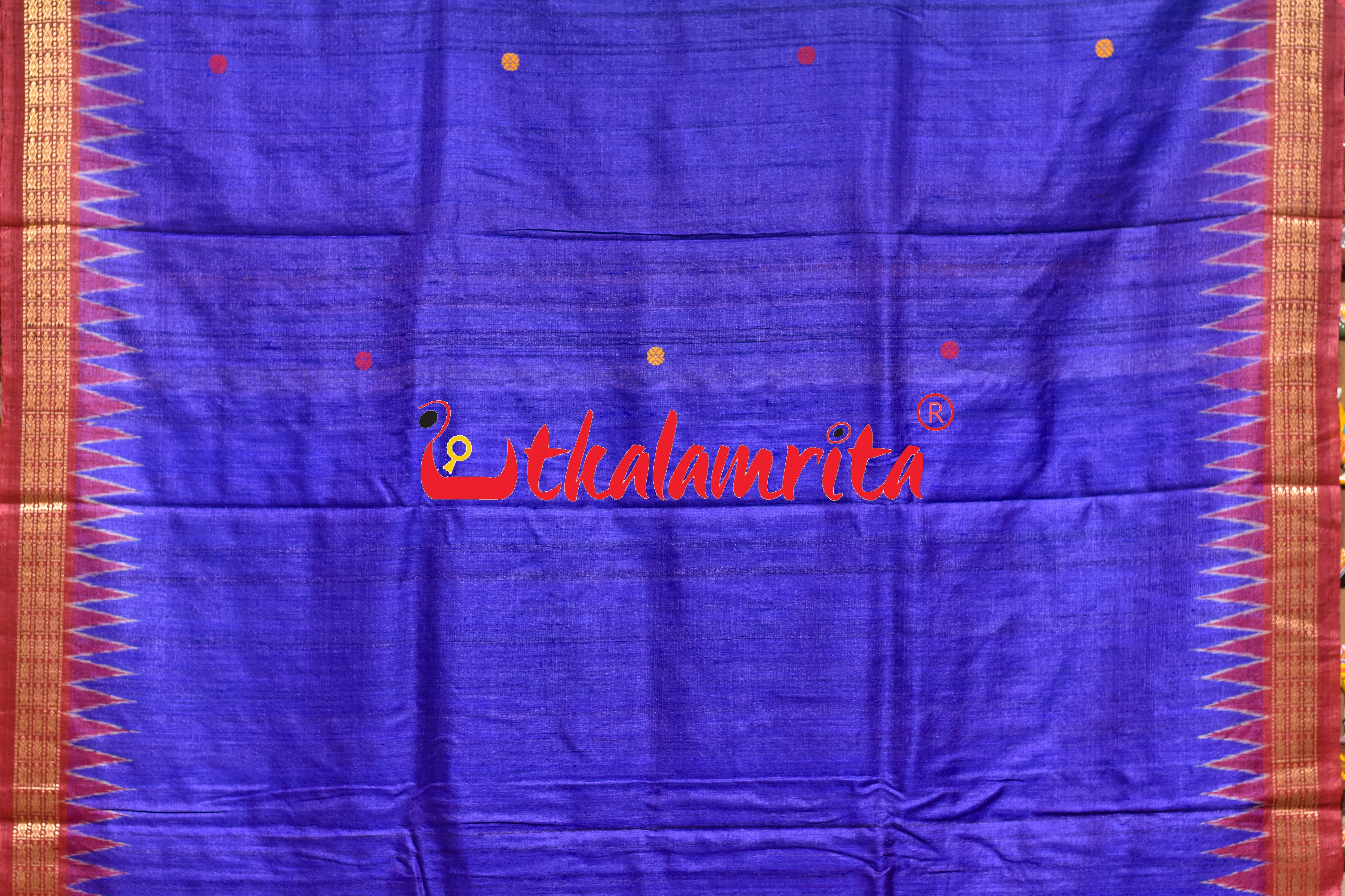 Deep Blue Red Double Anchal Fishes Fine Gopalpur Tussar Saree