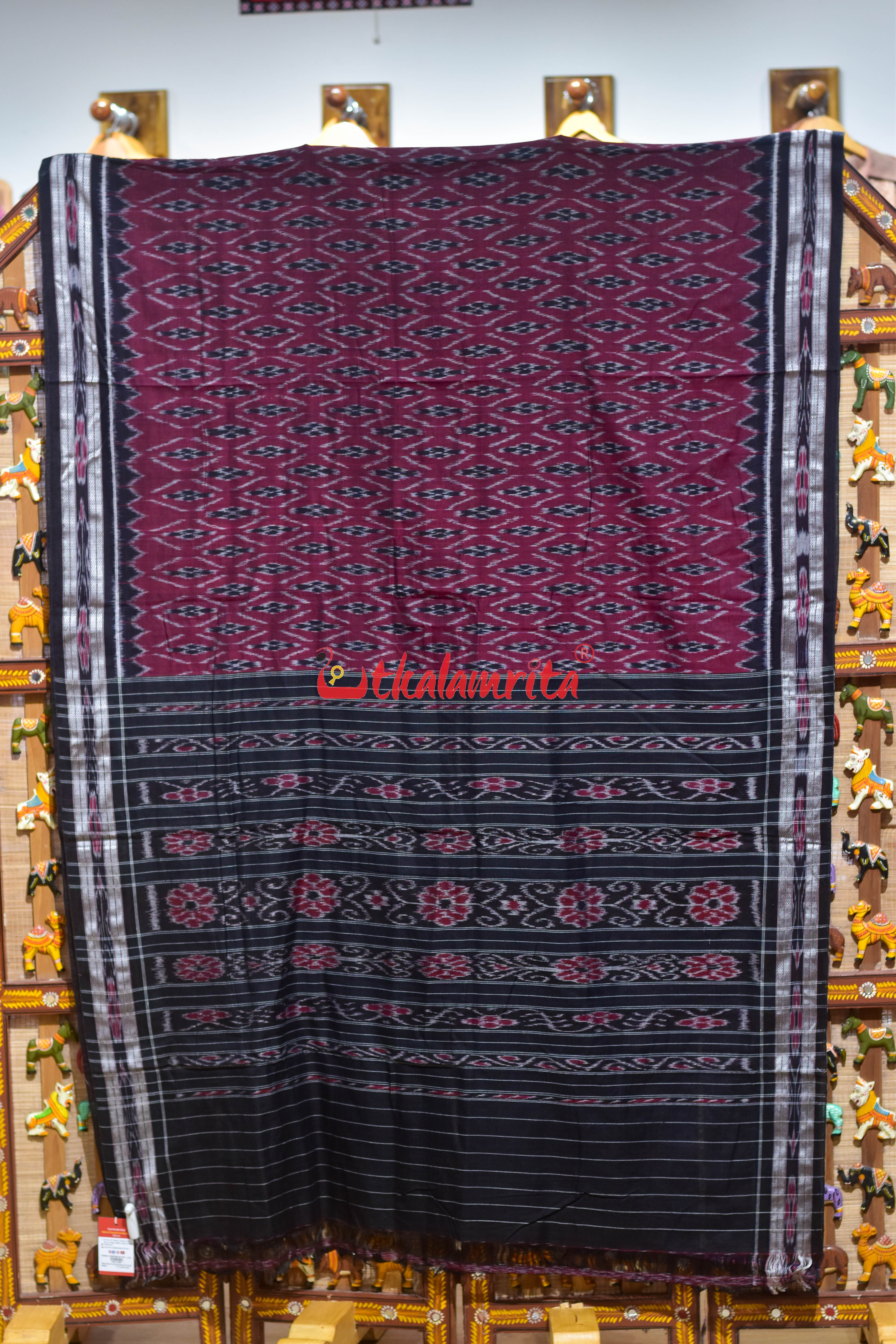 Maroon Black Patra Phula Khandua Cotton Saree