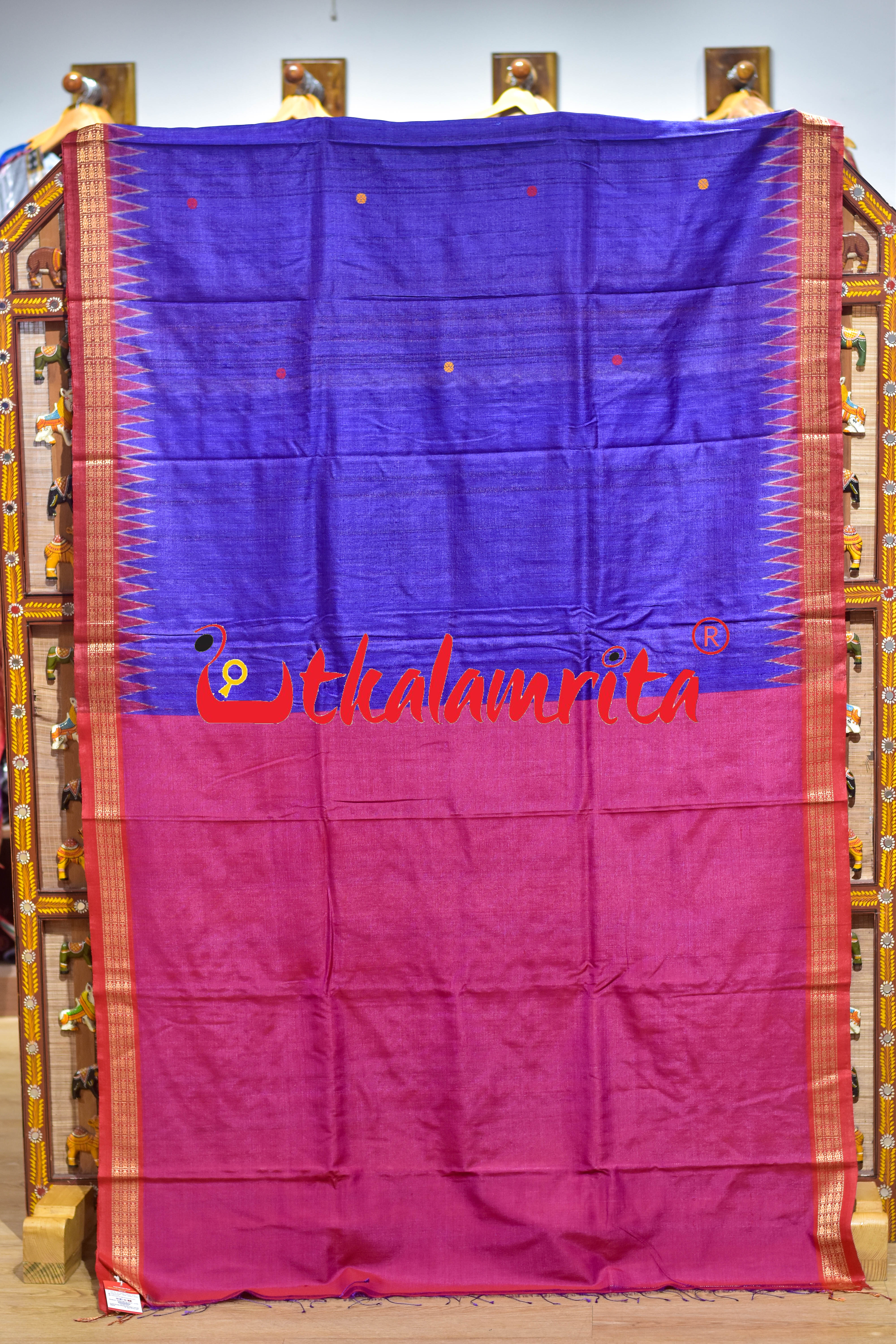 Deep Blue Red Double Anchal Fishes Fine Gopalpur Tussar Saree