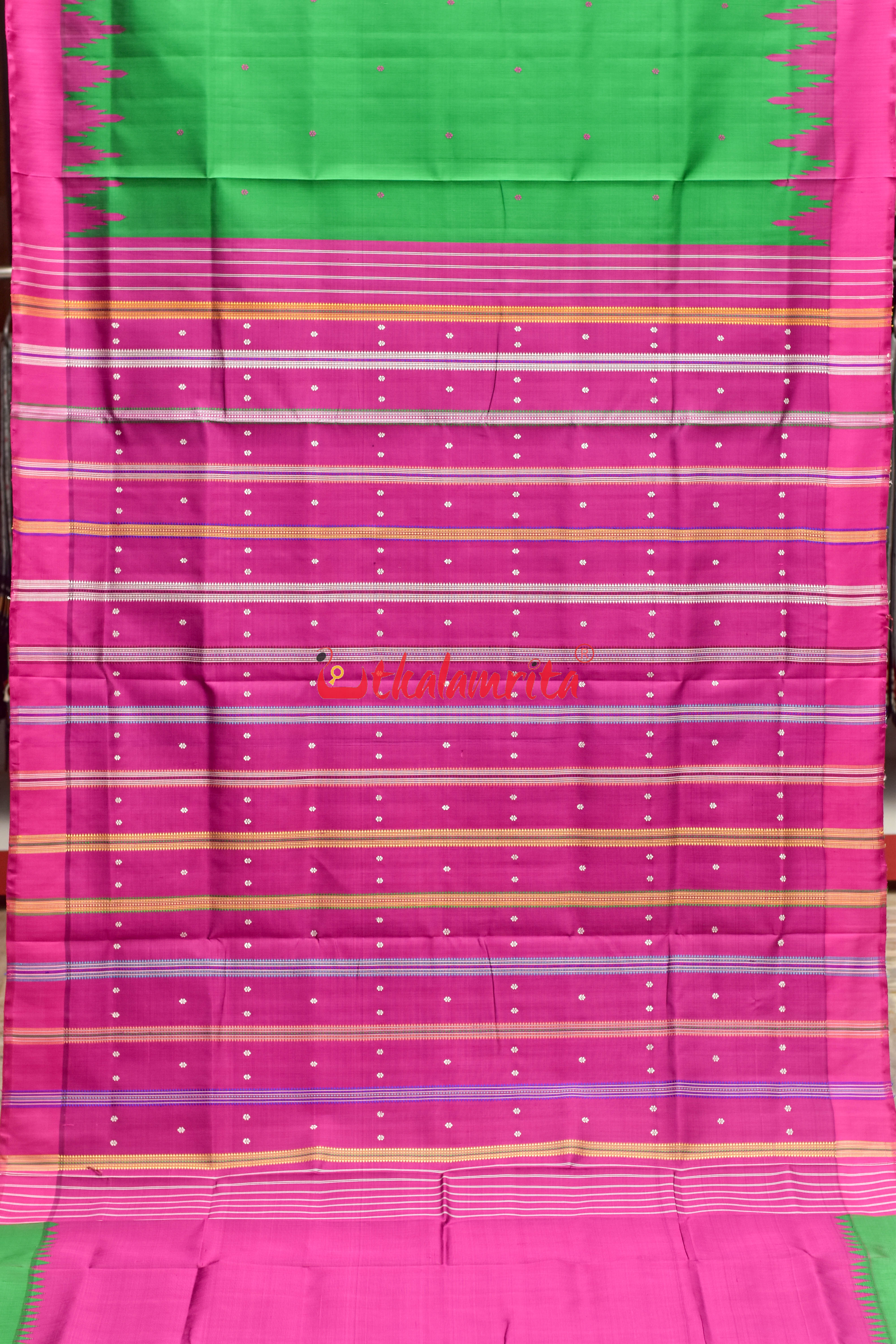 Forest Green Magenta Double Anchal Berhampuri Silk Saree