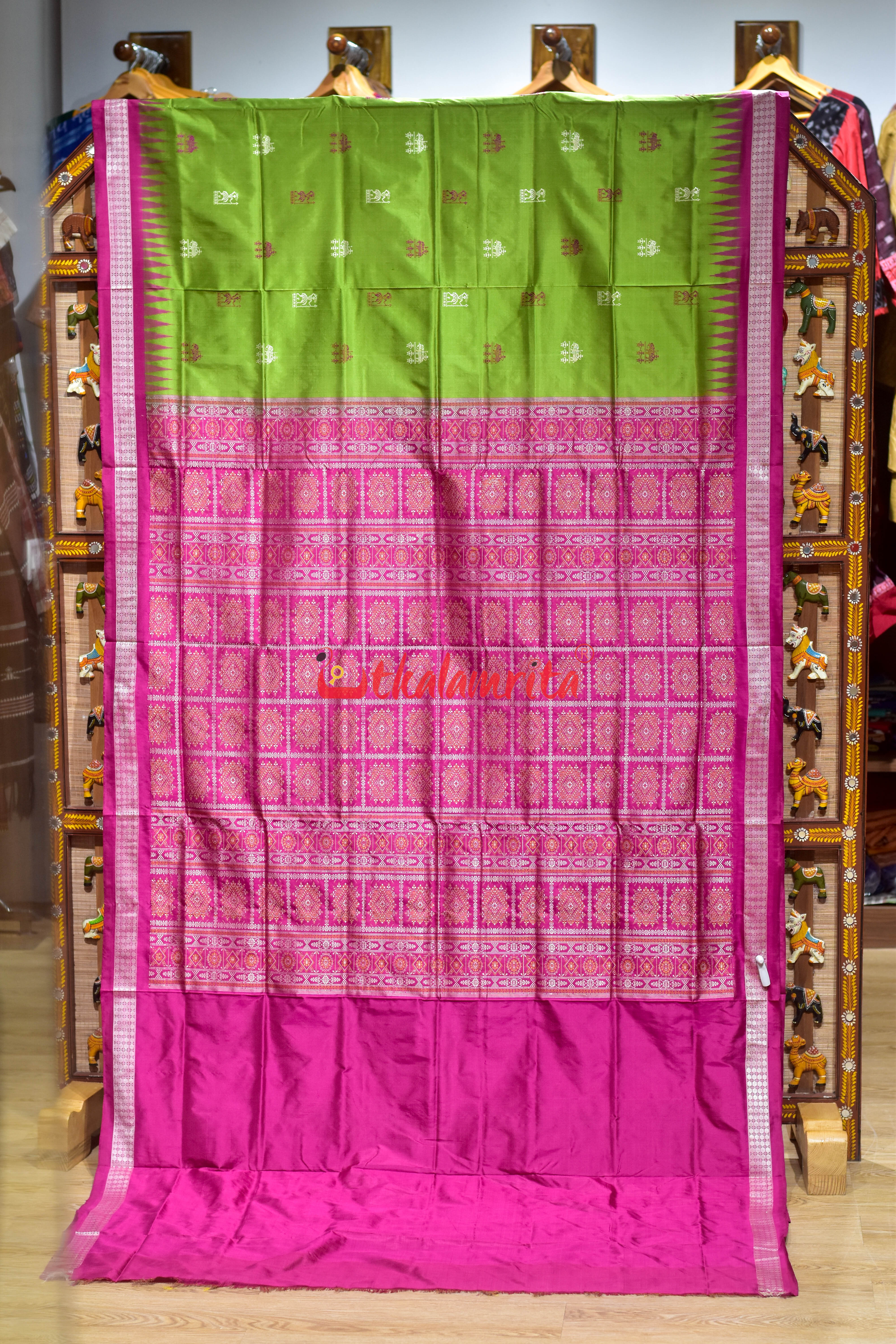 Green Pink Tribal Elephant Bomkai Silk Saree