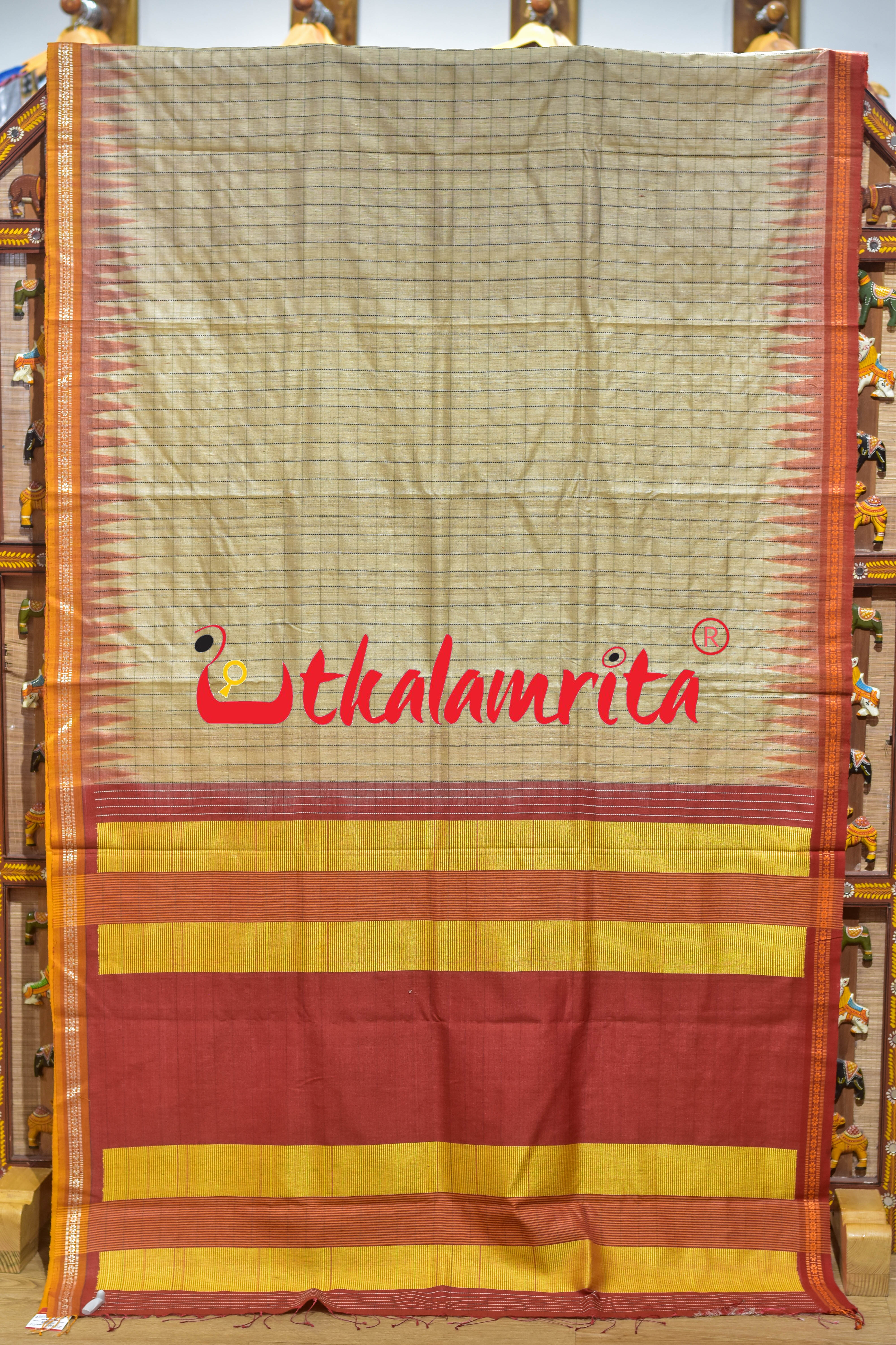 Checks Rust Haldi Ganga Jamuna Fine Gopalpur Tussar Silk Saree