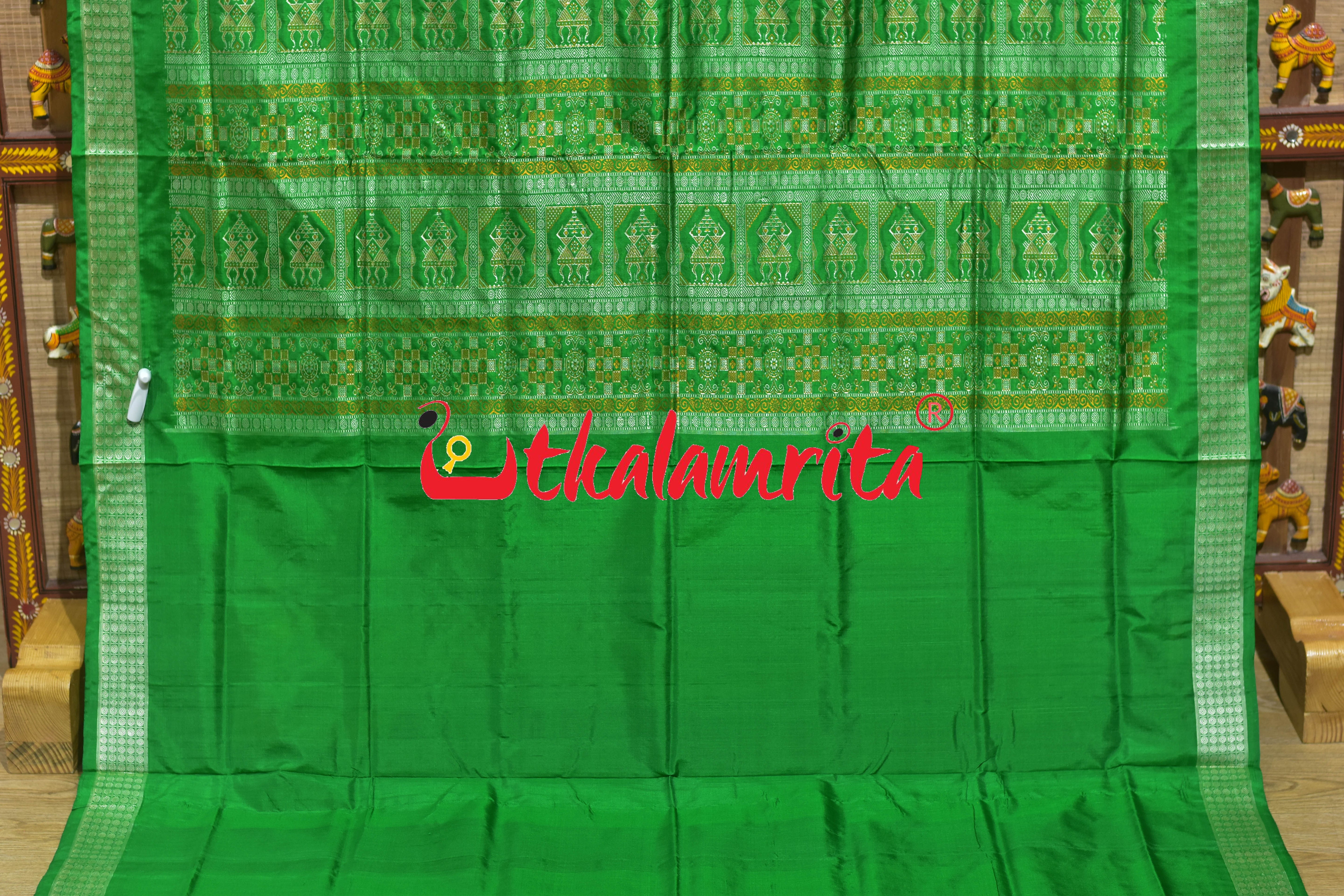 Frooti Golden Green Dhaana Tribal Bomkai Silk Saree