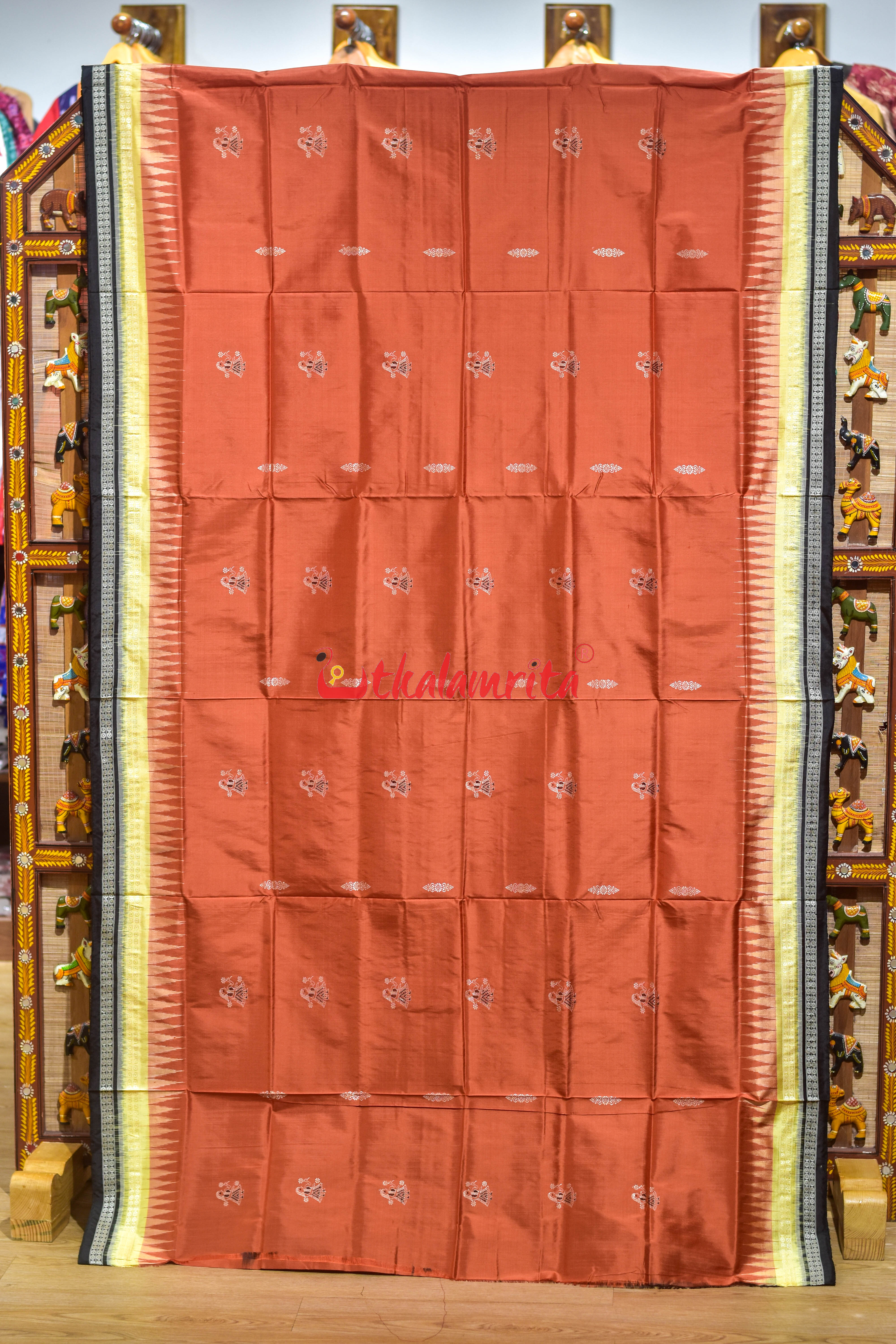 Rust Cream Double Border Doll Bomkai Silk Saree