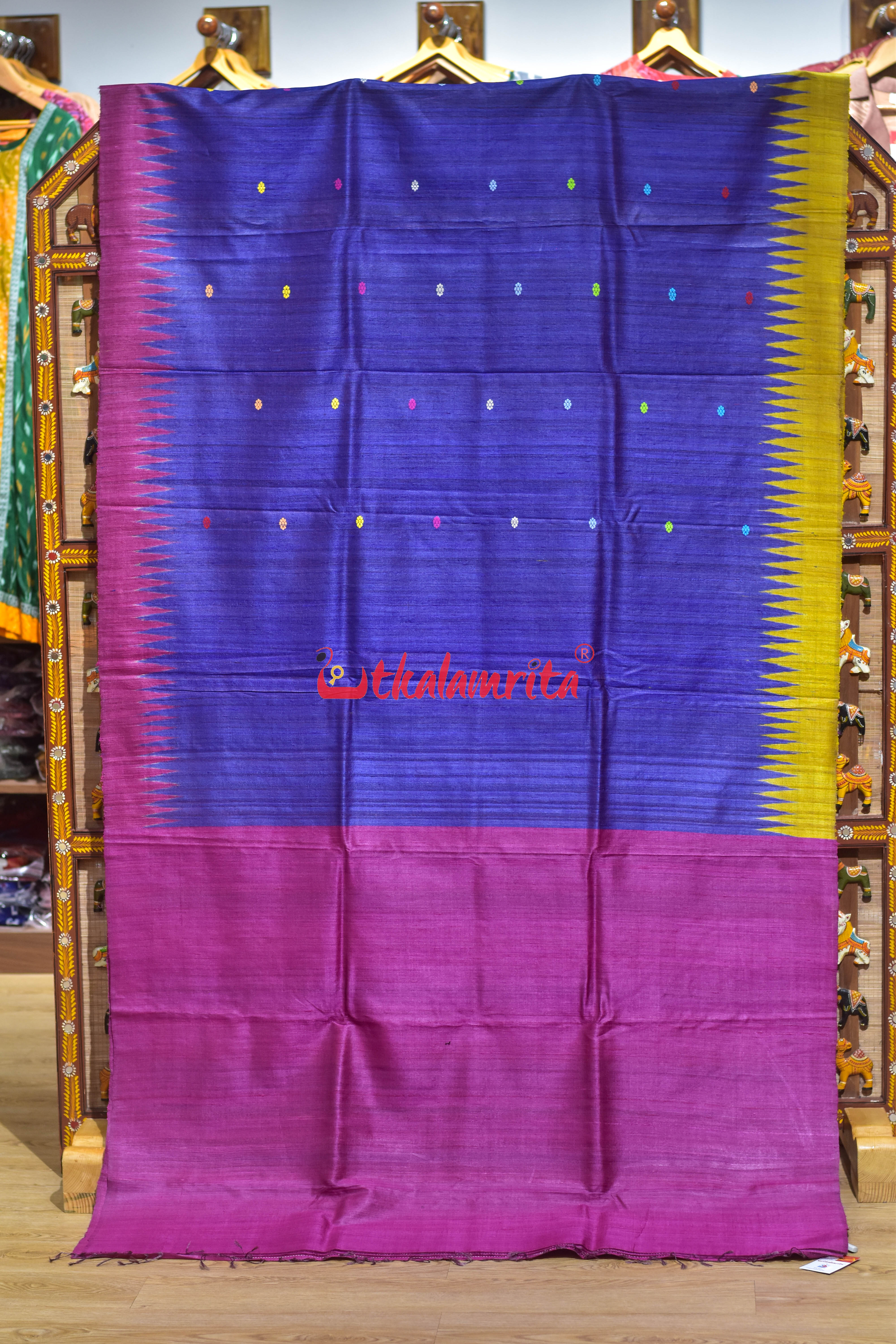 Blue Flower Buti Lotus Anchal Gopalpur Tussar Silk saree