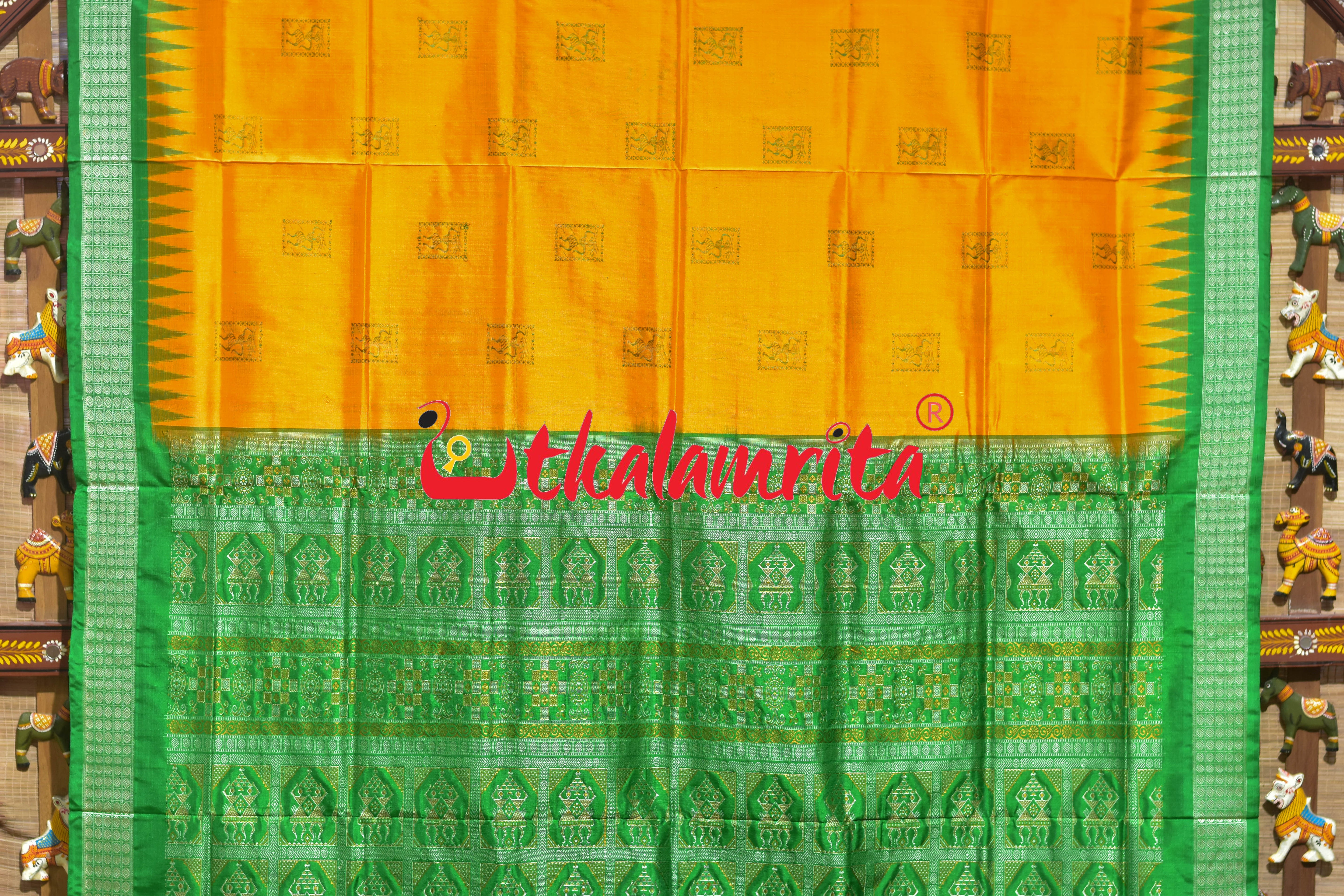 Frooti Golden Green Dhaana Tribal Bomkai Silk Saree