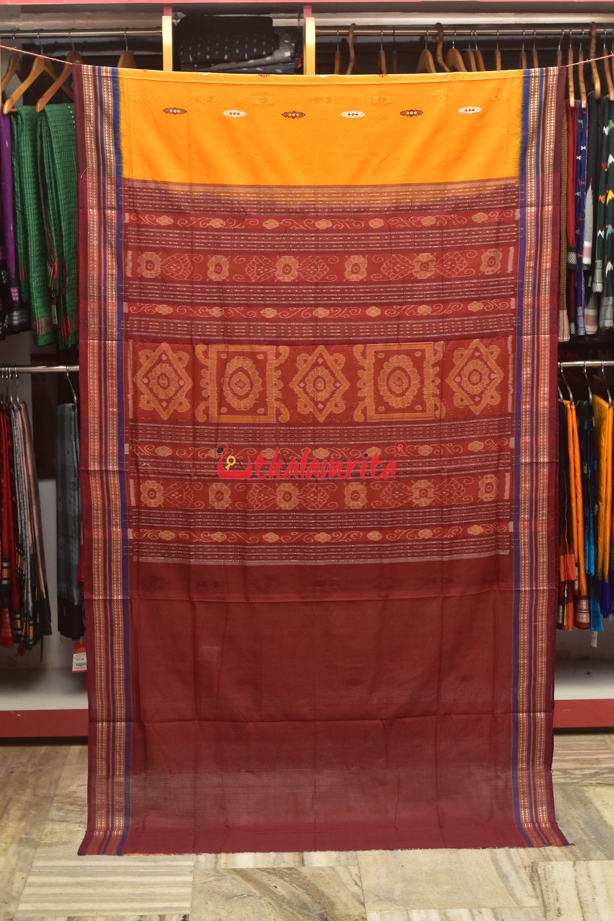 Mustard Double Border Bomkai Cotton Saree