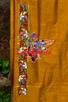 Golden Kandarpa Boita Pattachitra Silk Saree