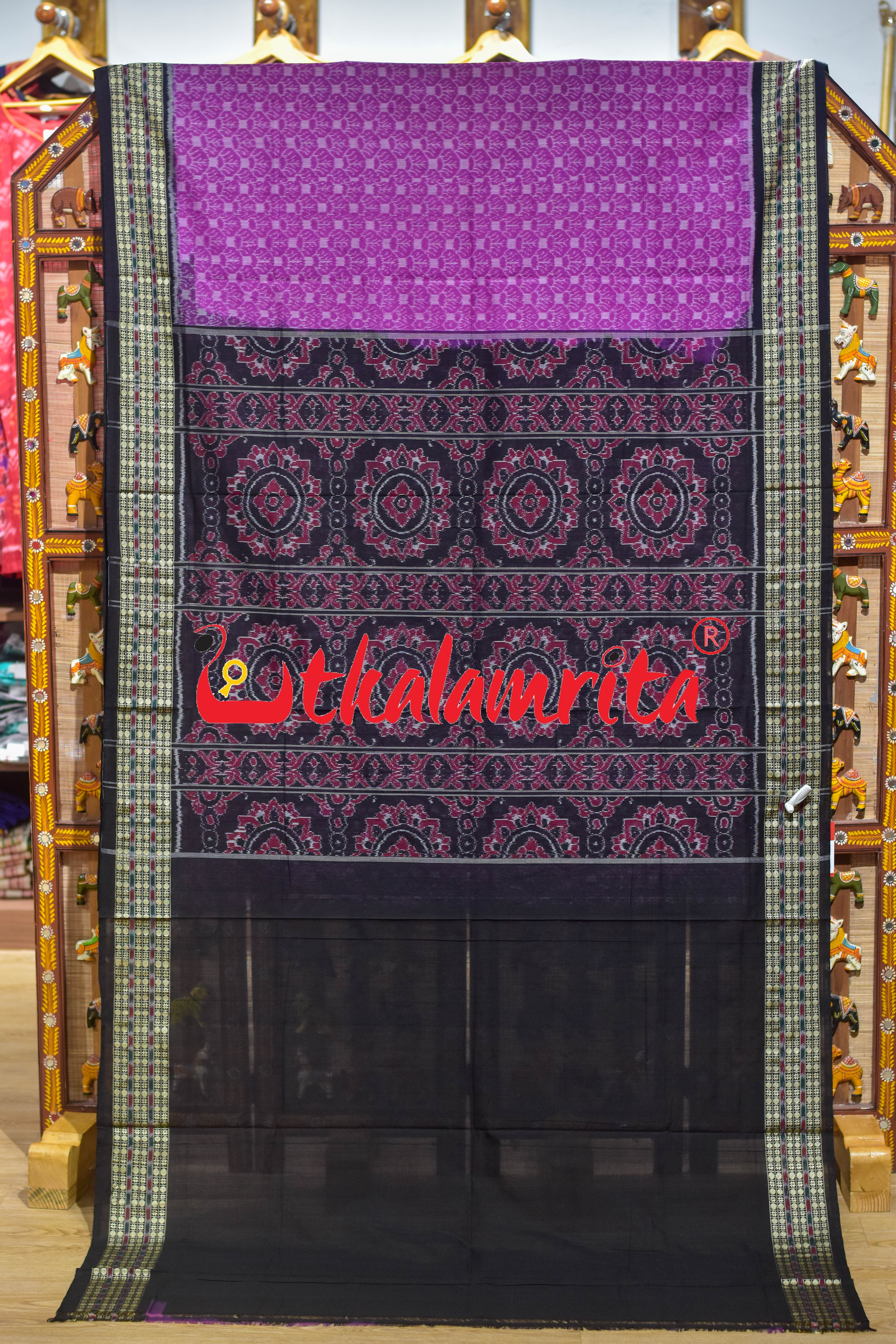 Magenta Crown Triple Border Sambalpuri Cotton Saree